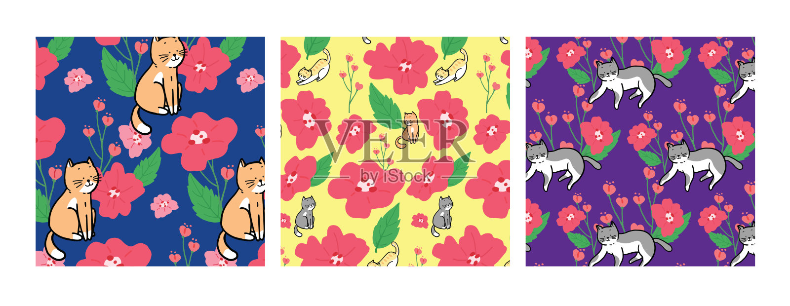 可爱的花和猫无缝图案集合矢量设计插画图片素材