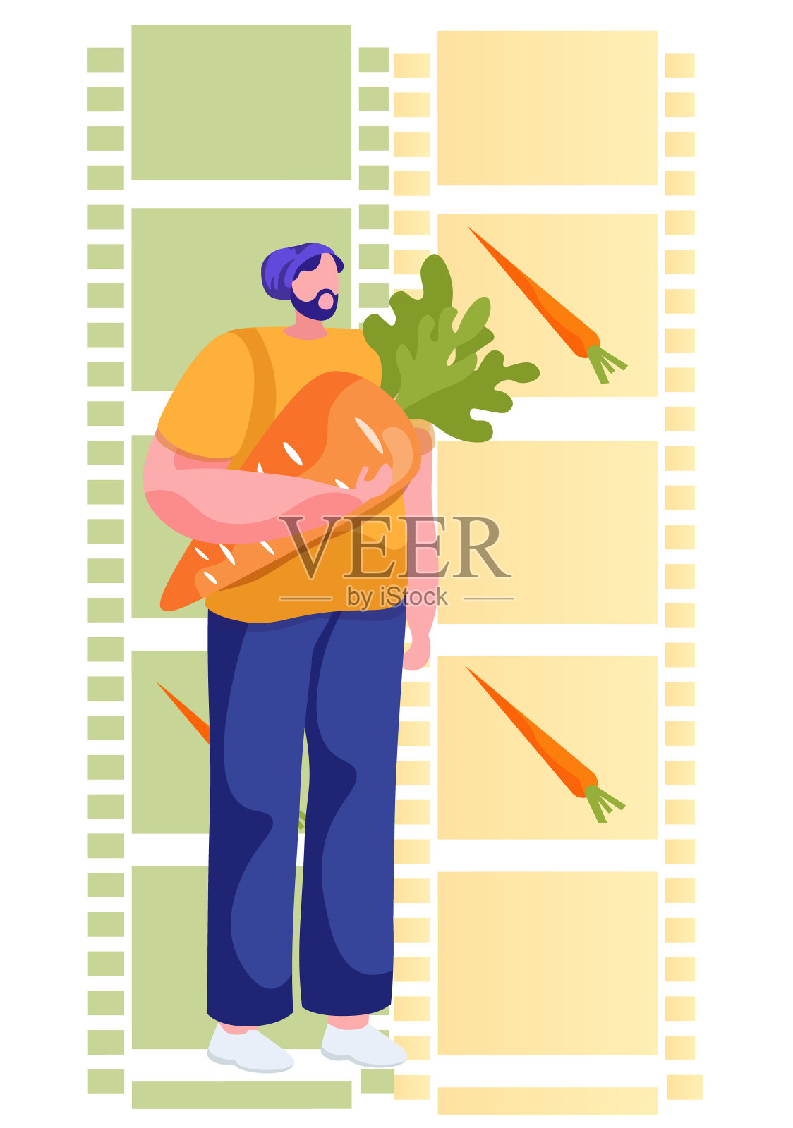拿着胡萝卜的大胡子男人。拿着橙色胡萝卜的园丁或农民。健康饮食，素食插画图片素材