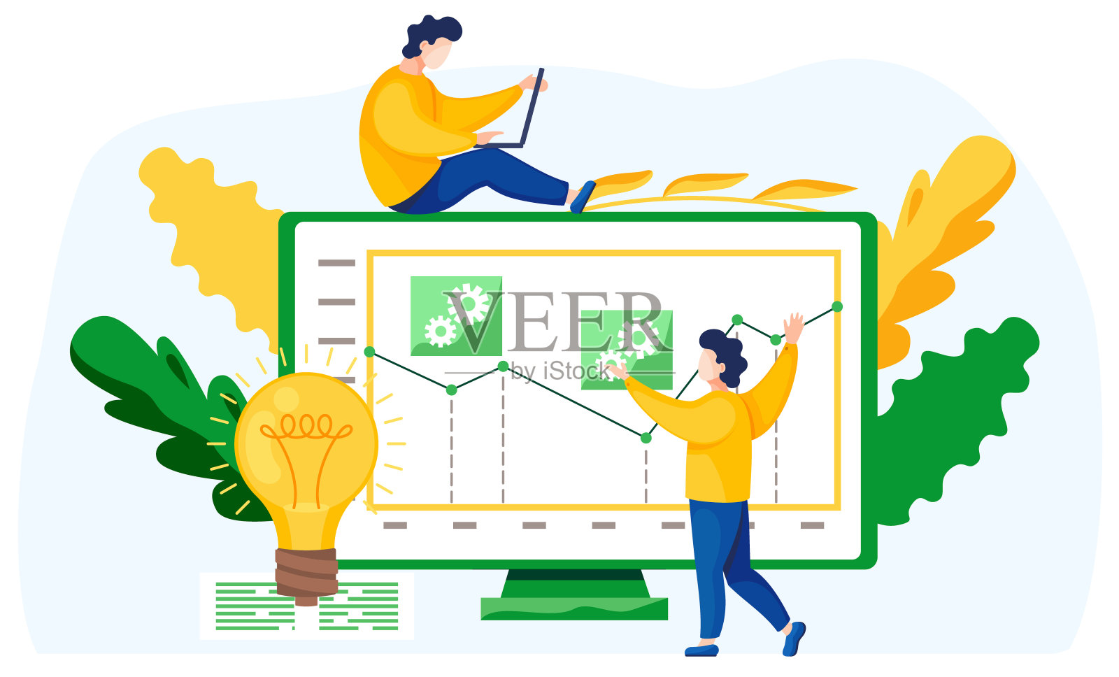 男人和灯泡有个好主意。象征着有想法的商人指着灯泡插画图片素材