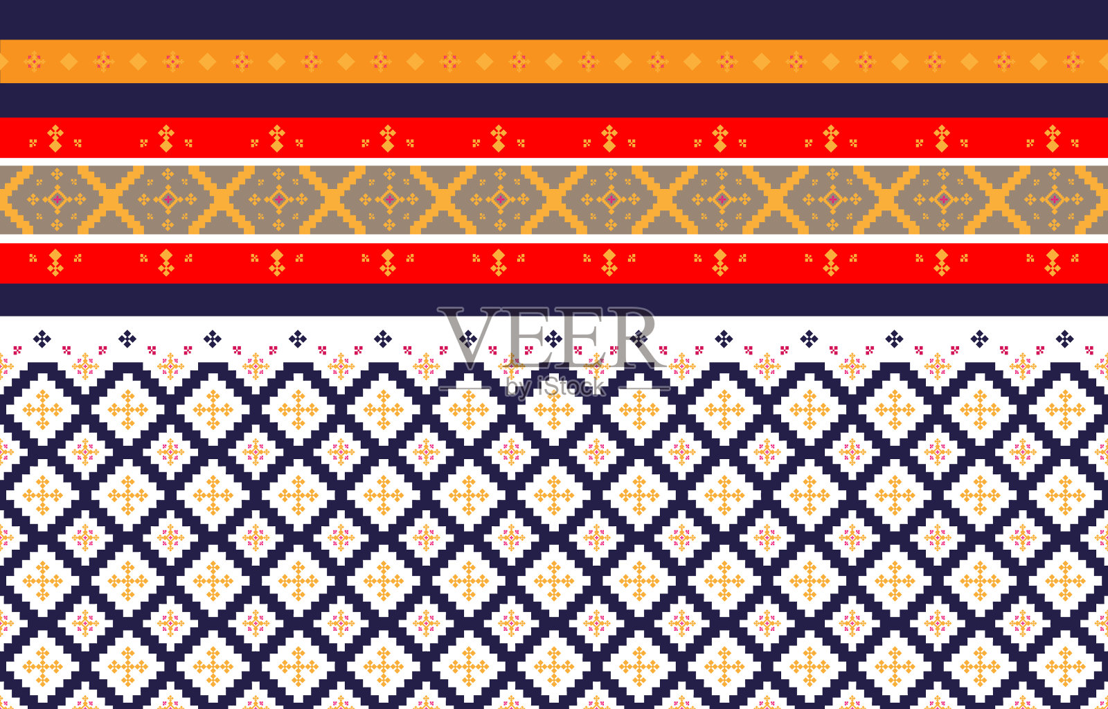 抽象几何图案和部落图案，运用当地的织物图案设计，设计灵感来源于土著部落。无缝几何矢量插图插画图片素材