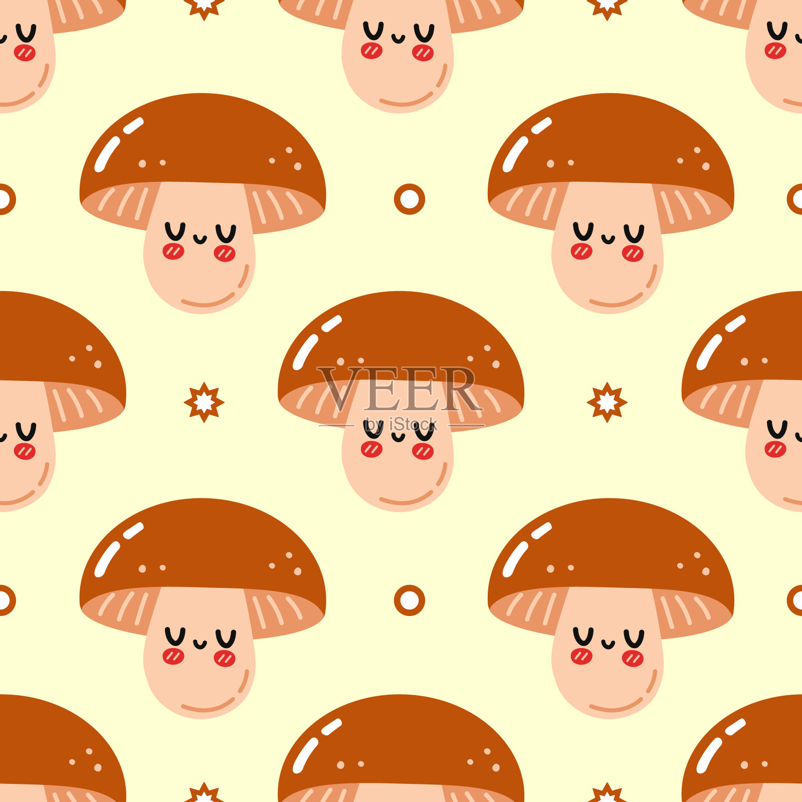 有趣可爱的快乐蘑菇无缝图案字符。矢量卡哇伊线卡通风格插图。可爱的蘑菇模式插画图片素材