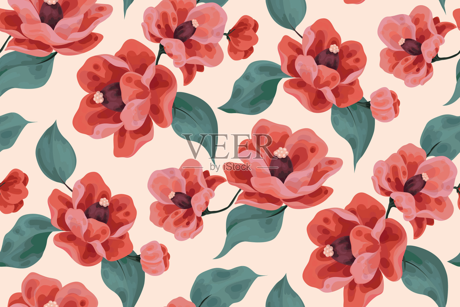 无缝花图案大粉红色的花，叶子。向量。插画图片素材