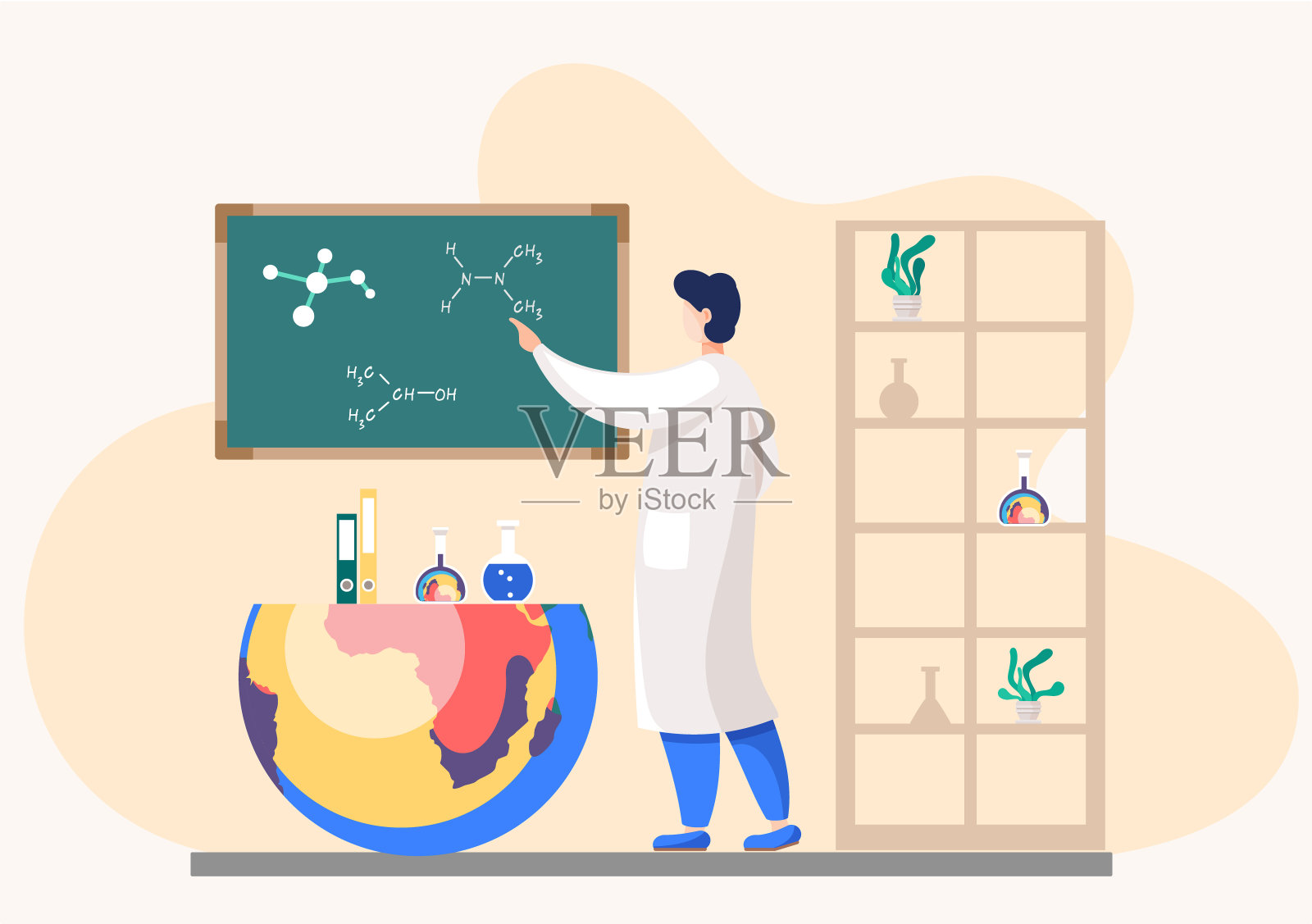 科学家解释公式。进行调查的化学研究者。实验室科学实验插画图片素材