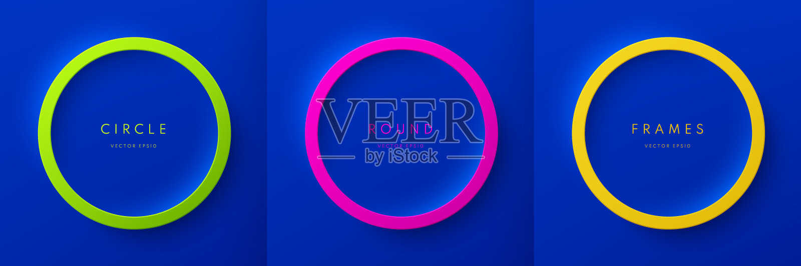 一套黄色，粉色，绿色的三维圆形框架上的蓝色背景。抽象的圆形平台用于产品展示或复制空间。收集几何背景。俯视图场景设计。矢量插图。插画图片素材