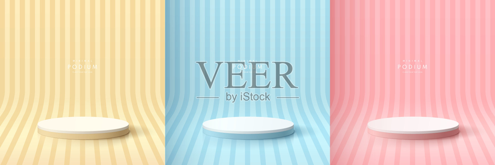 套粉红色，黄色，蓝色，白色逼真的3d圆柱体基座基座与透视条纹线条的背景。用于实物展示的抽象最小墙体场景。舞台展示。向量EPS10。插画图片素材