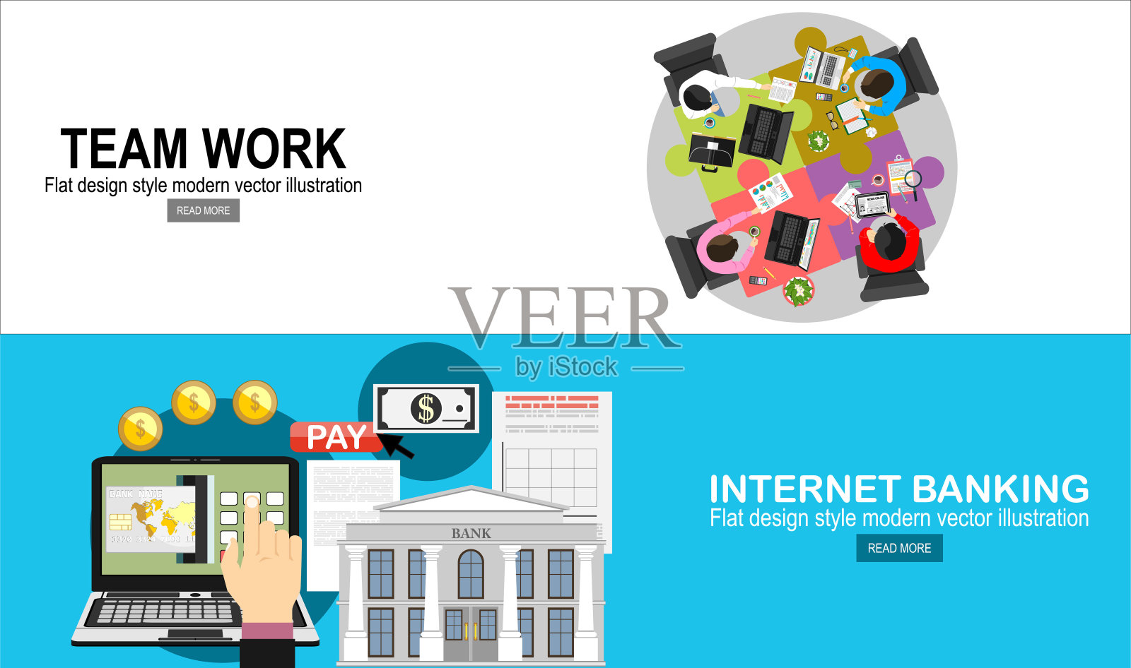 业务分析和规划、咨询、团队合作、项目管理、财务报告和战略的扁平化设计概念。互联网银行的扁平化设计概念。向量插画图片素材