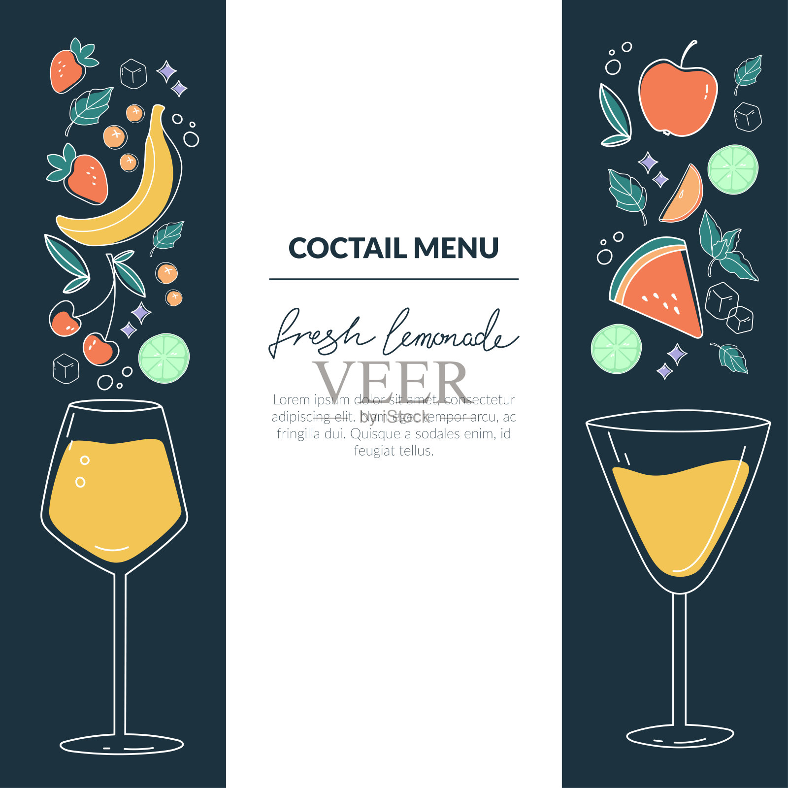 矢量插图。不同形状的杯子里放着鸡尾酒。适用于酒吧菜单，鸡尾酒卡和各种横幅。插画图片素材