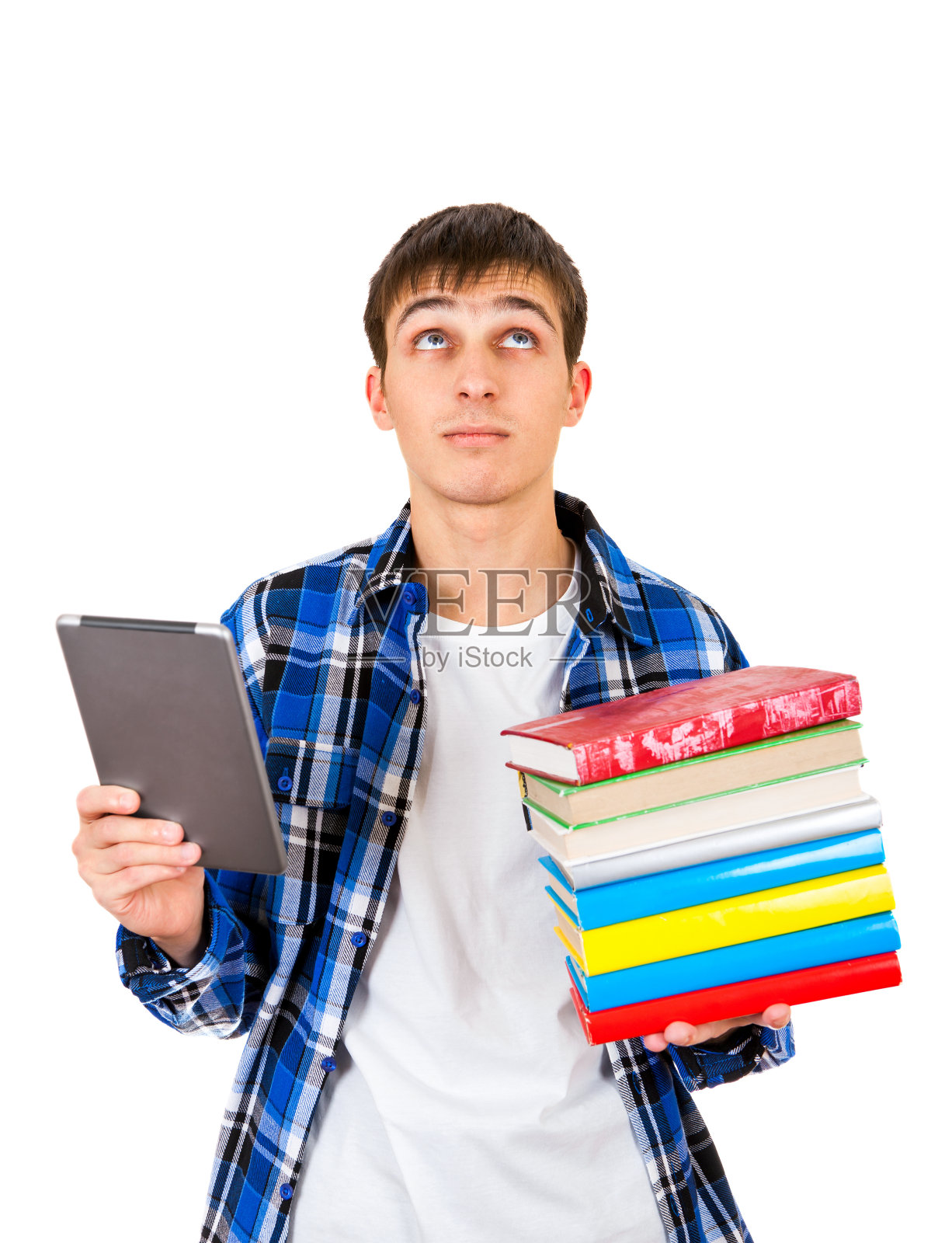 学生与书籍和平板电脑照片摄影图片