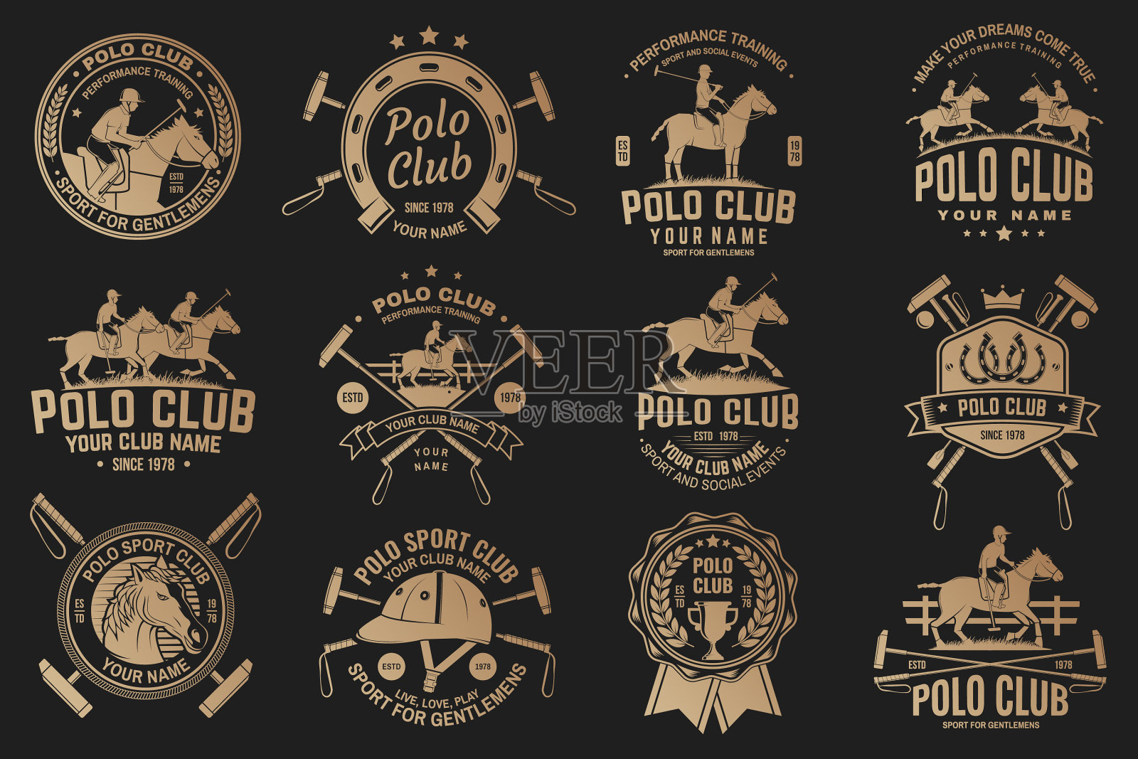 一套马球俱乐部运动徽章、徽章、徽章图标素材