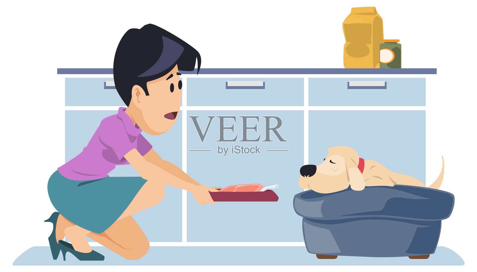 女孩喂狗人和动物上网设计元素图片