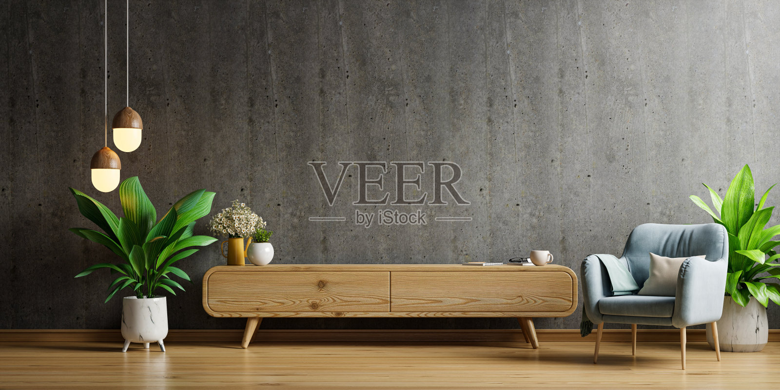 现代客厅的橱柜电视，扶手椅和植物的混凝土墙背景。照片摄影图片