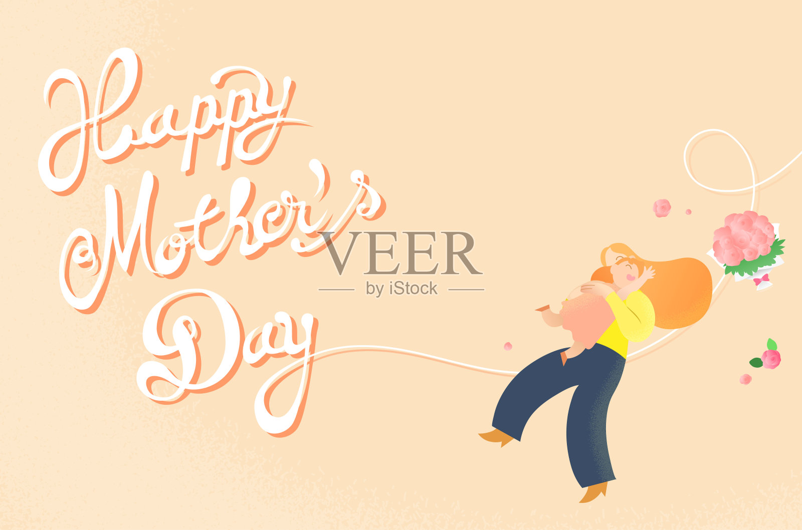 母亲拥抱着年幼的女儿，收到了一束母亲节的鲜花插画图片素材