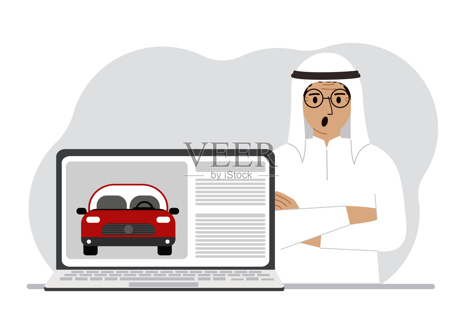 租车或买车的概念。一个阿拉伯人带着笔记本电脑在哪个网站上谈论那辆车。插画图片素材