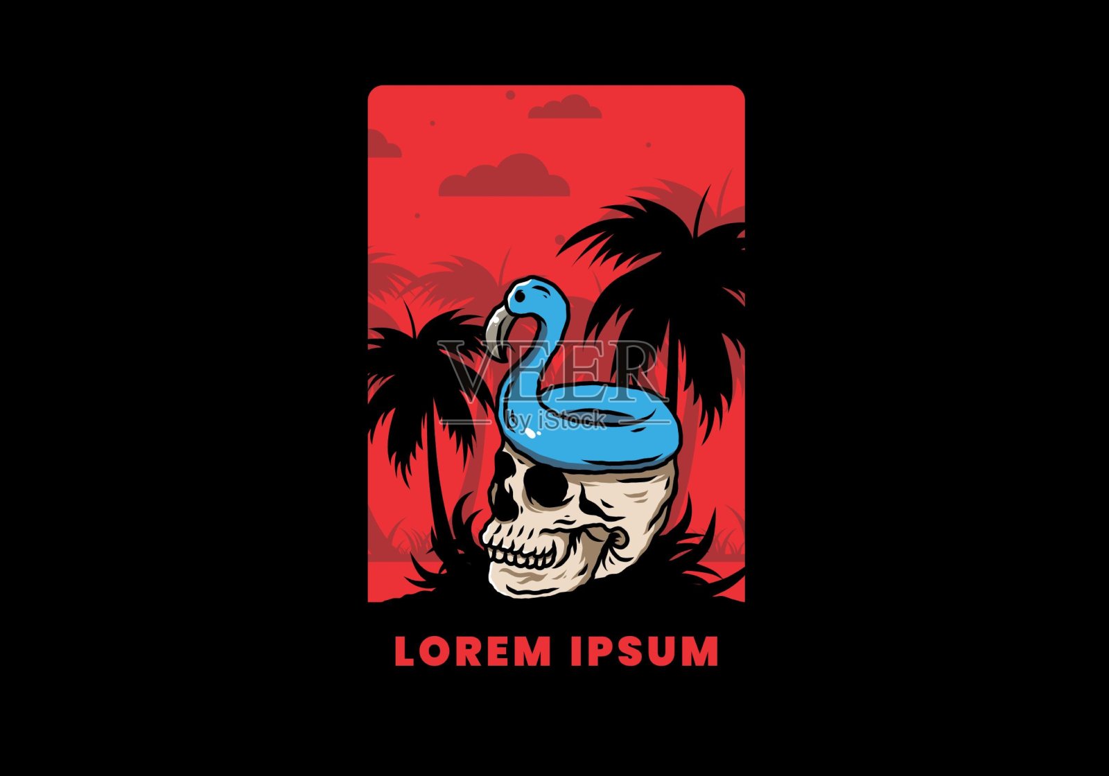 火烈鸟救生圈在骷髅图的顶部插画图片素材