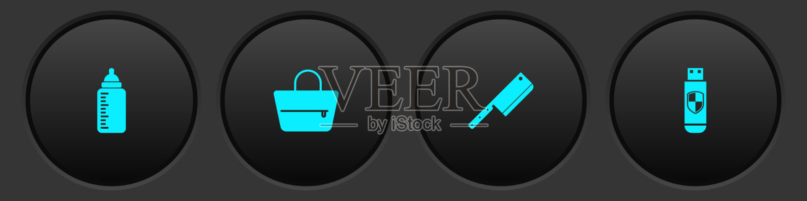 设置婴儿奶瓶手提包肉刀和usb图标素材