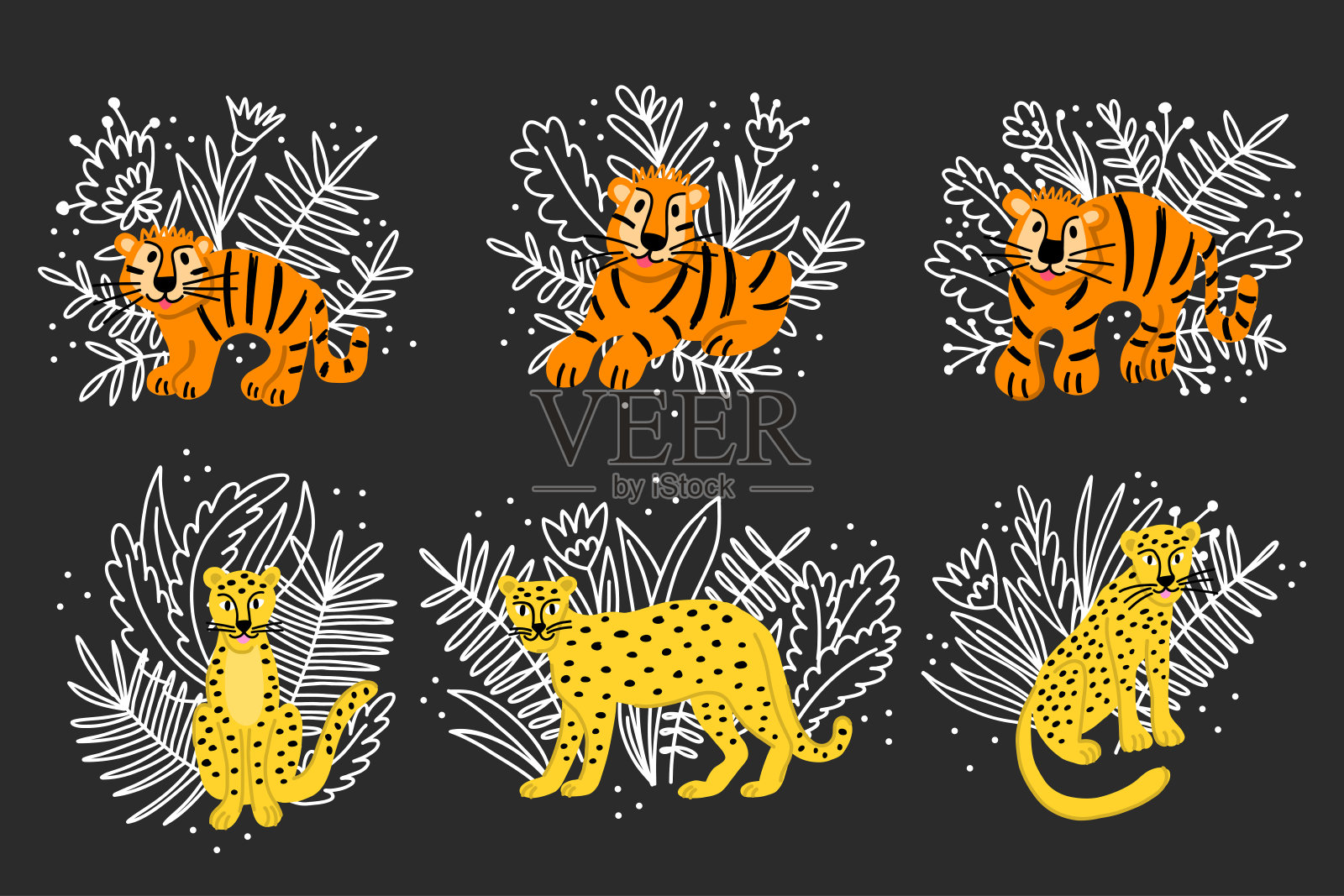 设置剪辑艺术的野生动物，老虎和豹包围在热带树叶和鲜花插画图片素材