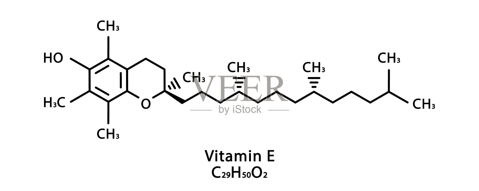 维生素E生育三烯醇分子结构。维生素E生育三烯醇骨骼化学配方。化学分子的公式插画图片素材