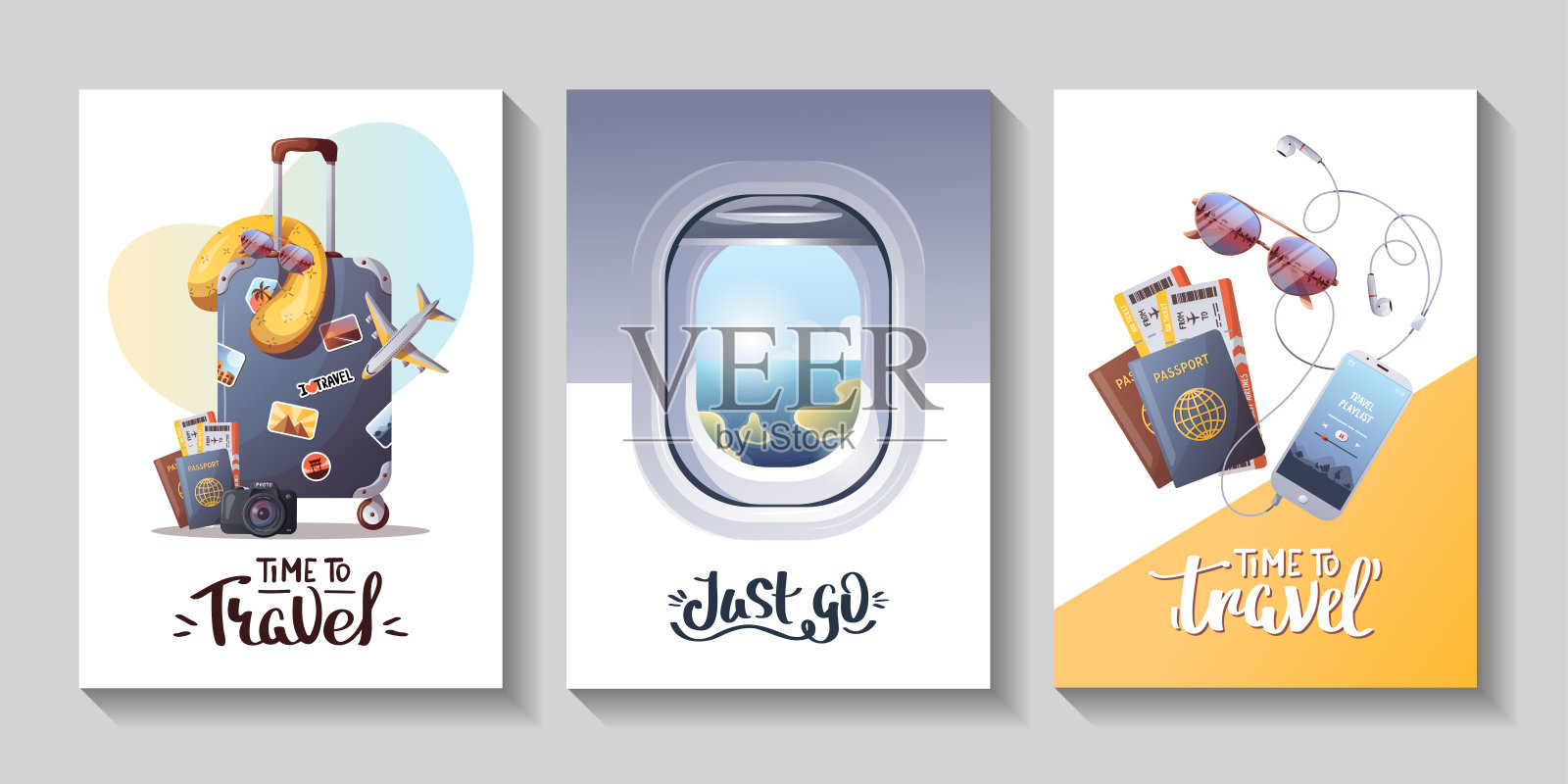 一套旅游、旅游、冒险、旅行的卡片。插画图片素材