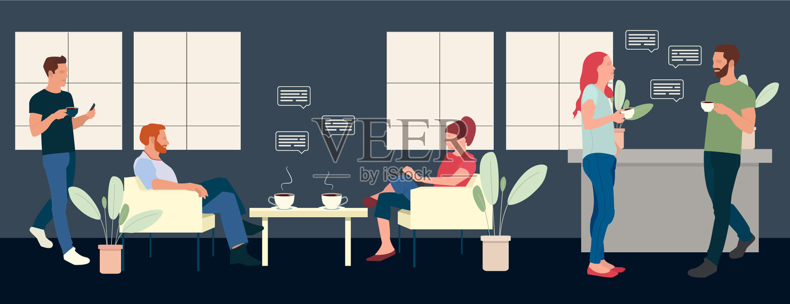 与同事在厨房享用午餐和咖啡插画图片素材