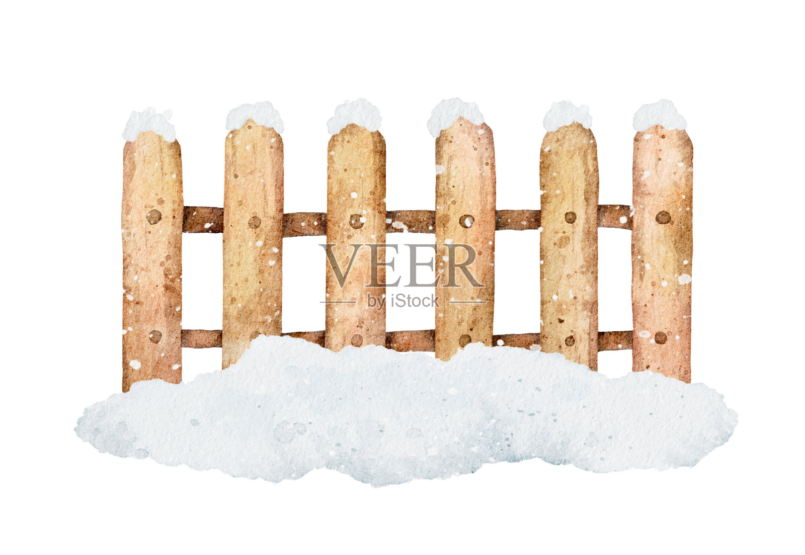 水彩冬季积雪木栅栏孤立在白色背景。插画图片素材