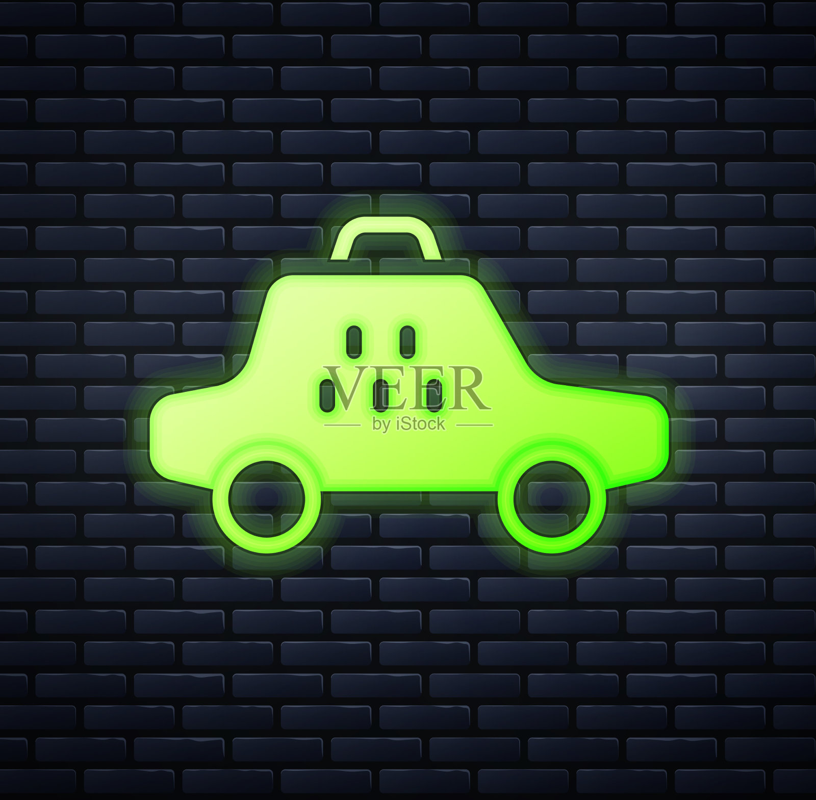 霓虹灯出租车图标孤立在砖墙上插画图片素材