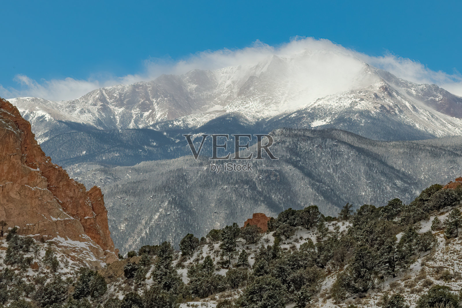 在14100英尺高的派克峰，雪，风和云穿过众神花园照片摄影图片