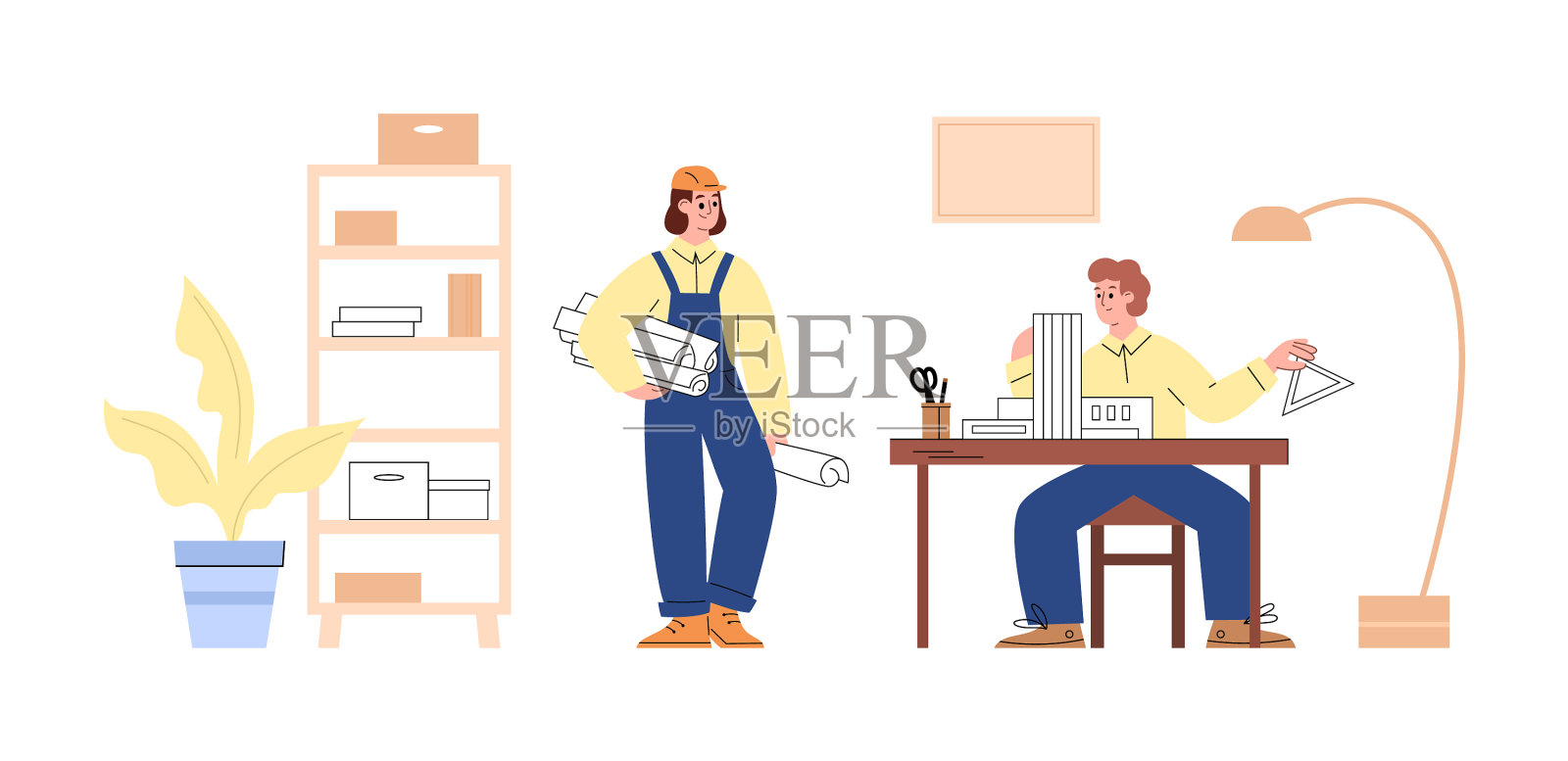 建筑师和施工经理负责计划工作插画图片素材