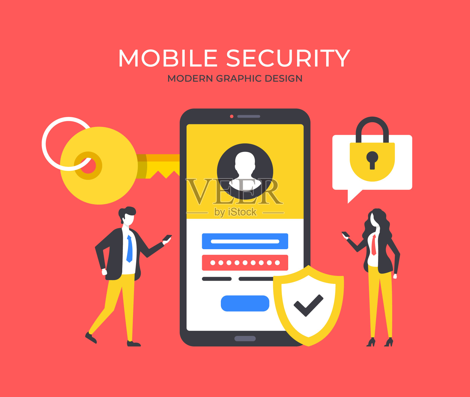 移动安全。人和手机配合登陆表单。智能手机。移动保护概念。现代图形元素集。矢量图插画图片素材