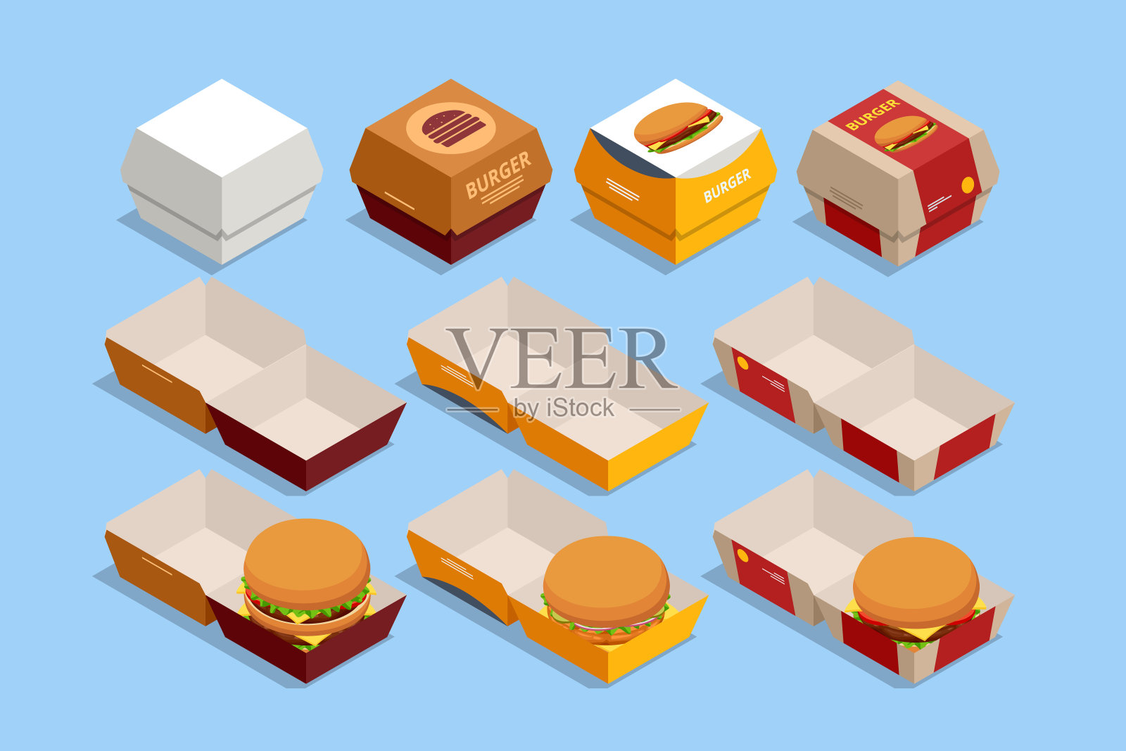等距汉堡，汉堡用红色和米色纸盒包装。顶部和前面的侧视图孤立在白色背景插画图片素材