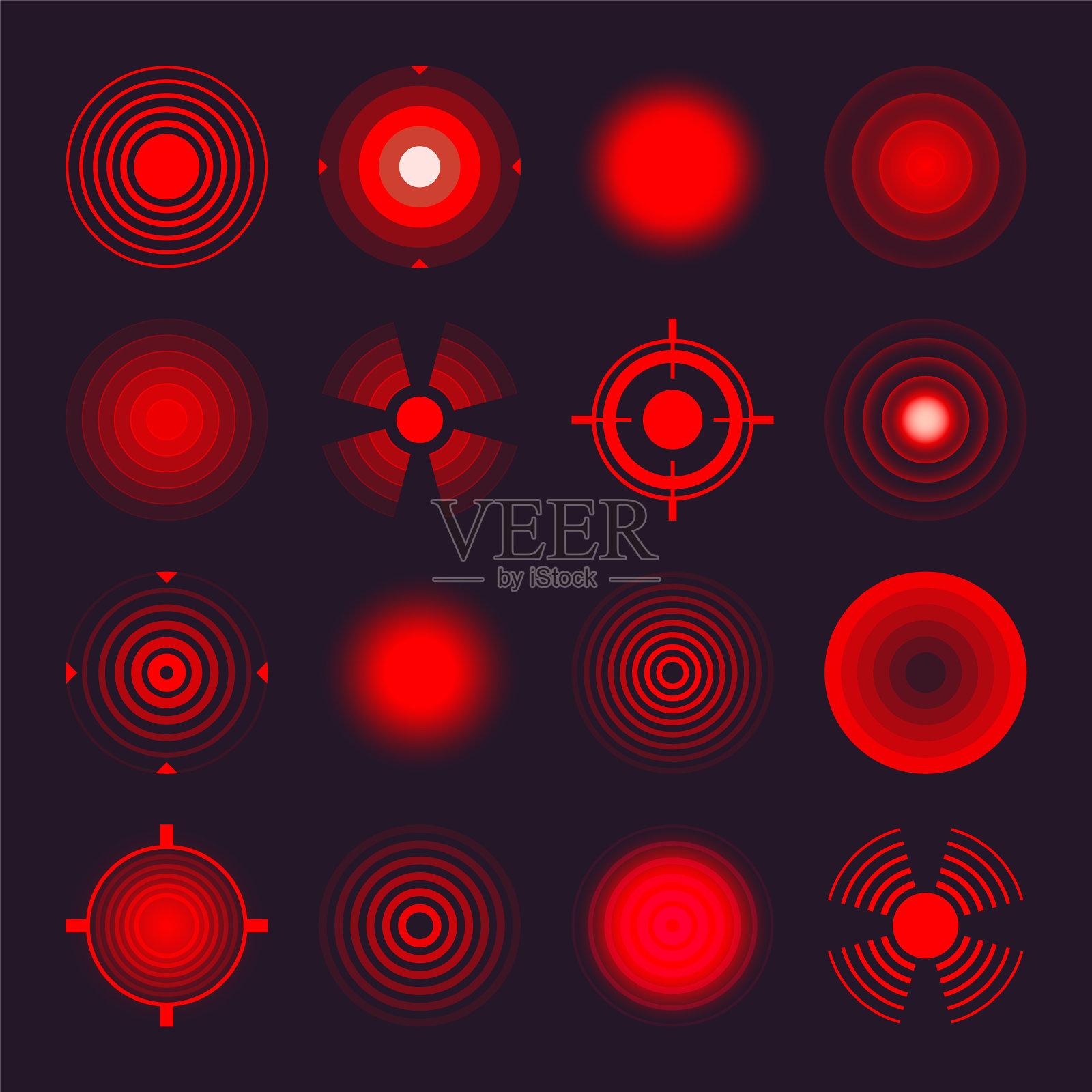 热，夜视范围。准星，瞄准矢图标。靶心，目标或瞄准标志。军用步枪瞄准镜，射击标志。瞄准，瞄准射击。红色雷达波，圆圈插画图片素材
