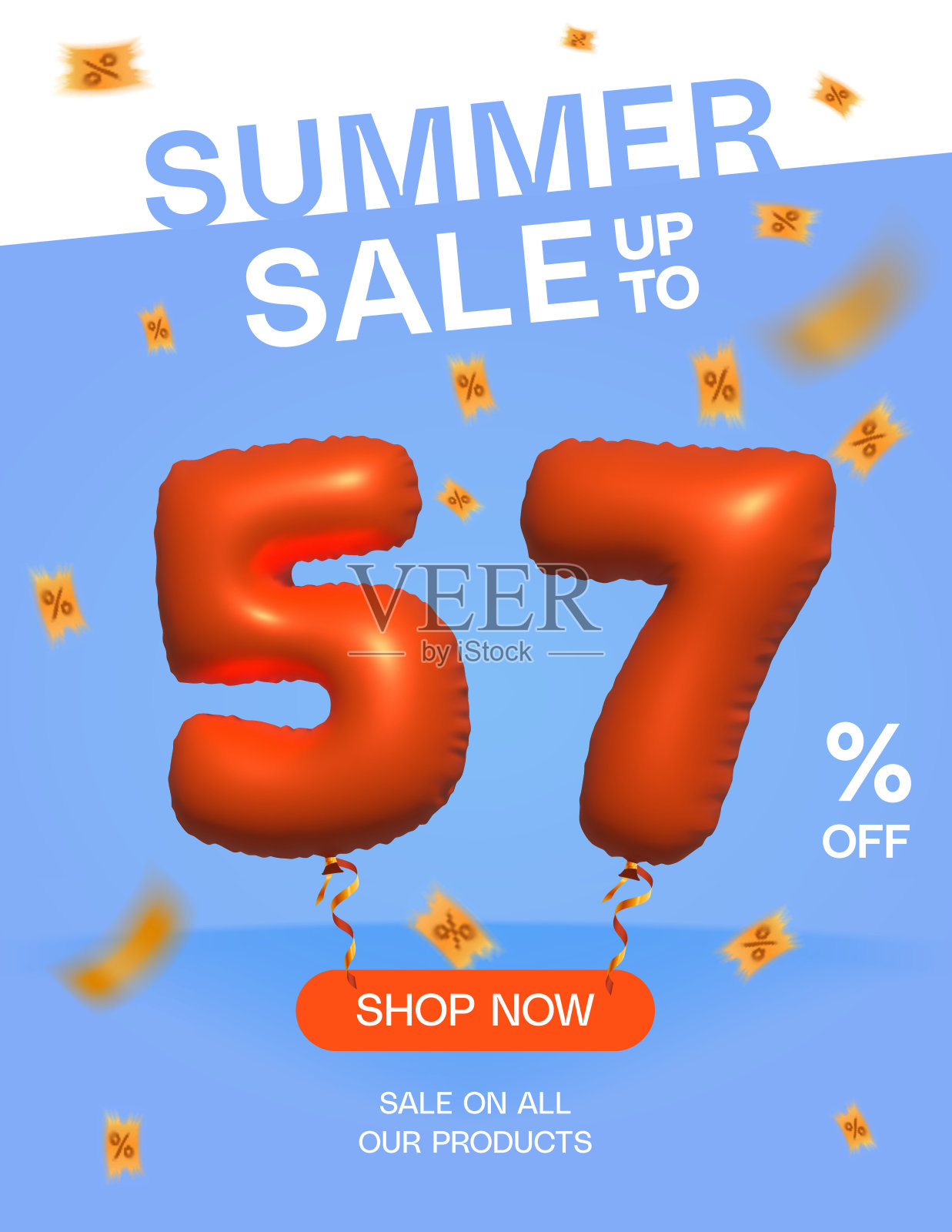 夏季销售高达57%的橙色氦气球3D 57号设计模板素材