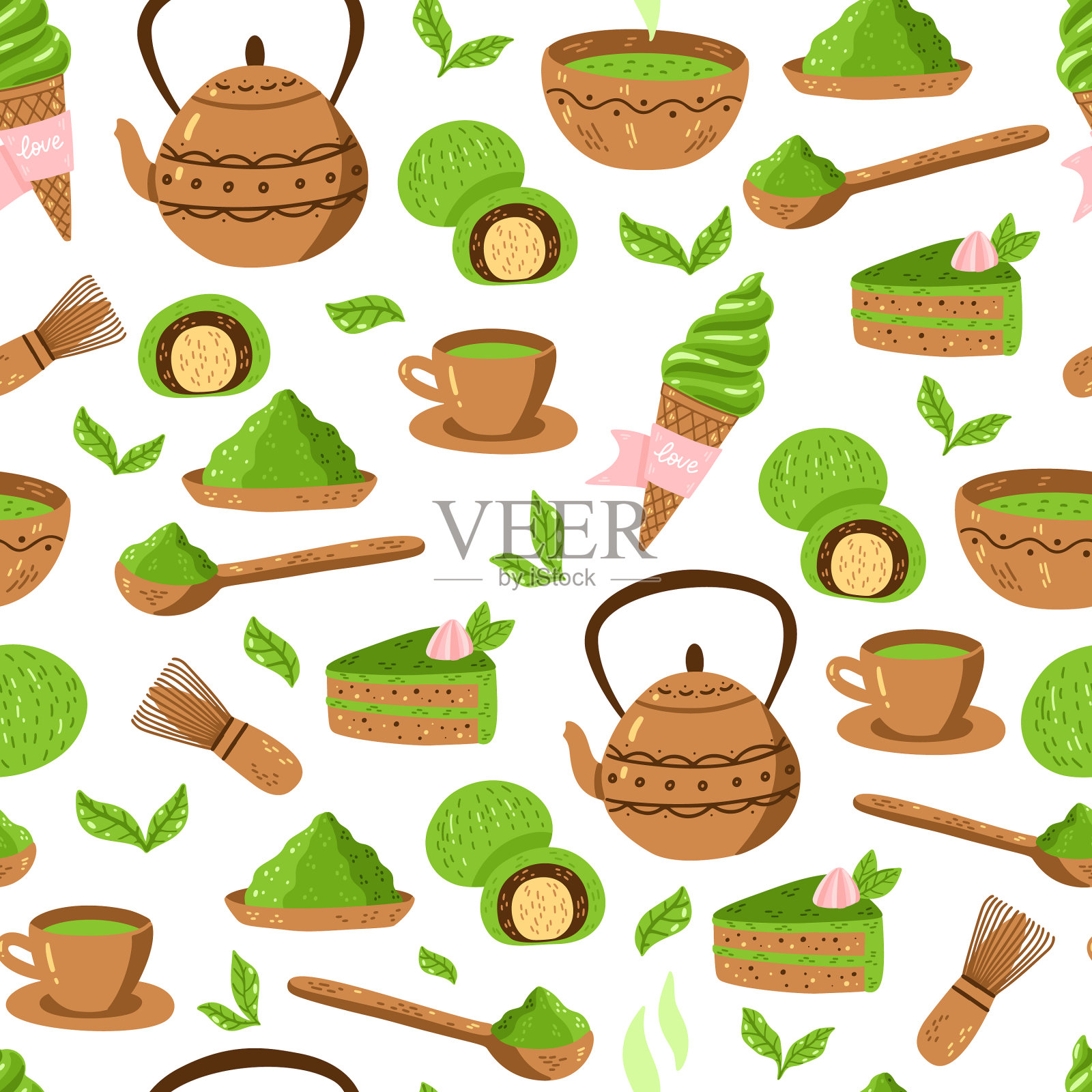 抹茶绿茶图案无缝日本插画图片素材