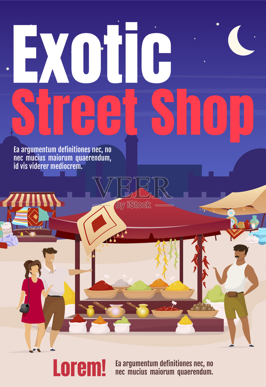 异国情调的街头商店海报平面彩色模板插画图片素材