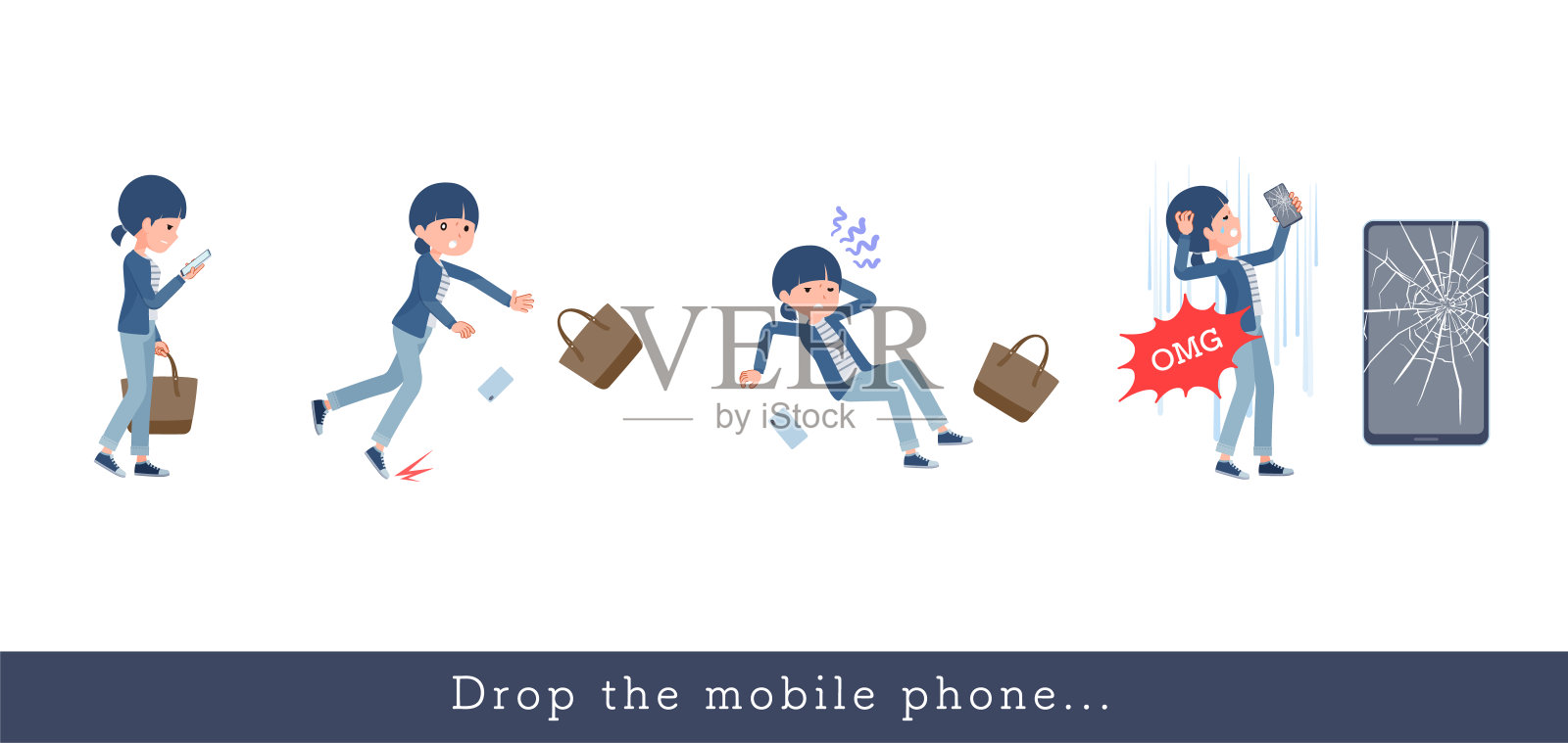 一组扔掉智能手机的自然风格女性插画图片素材