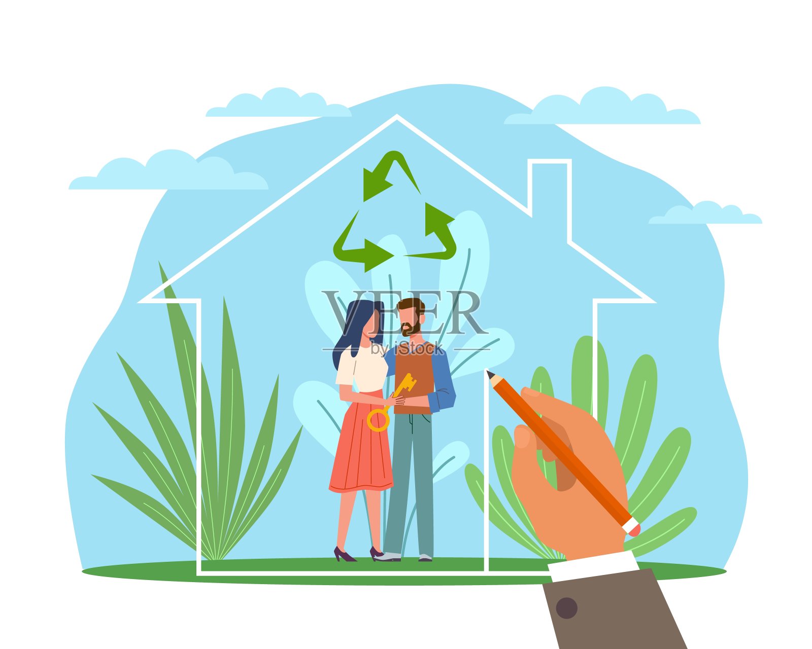 生态的房子。幸福家庭在绿色家园，男女在智能温室，回收标牌，生态生物建设。用可持续的方式建造物业。矢量卡通平面零浪费概念插画图片素材