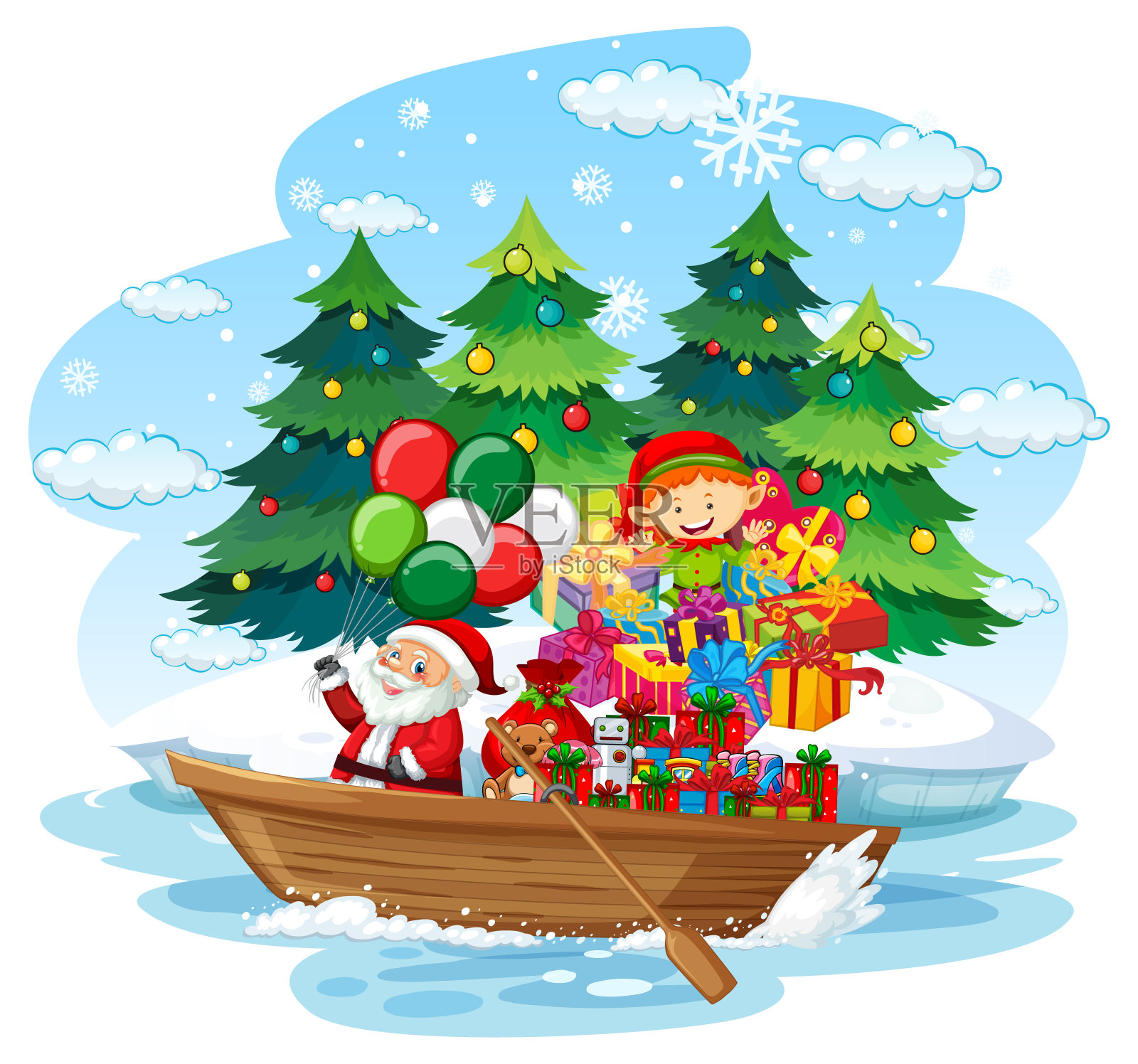 圣诞老人和小精灵乘船送礼物插画图片素材