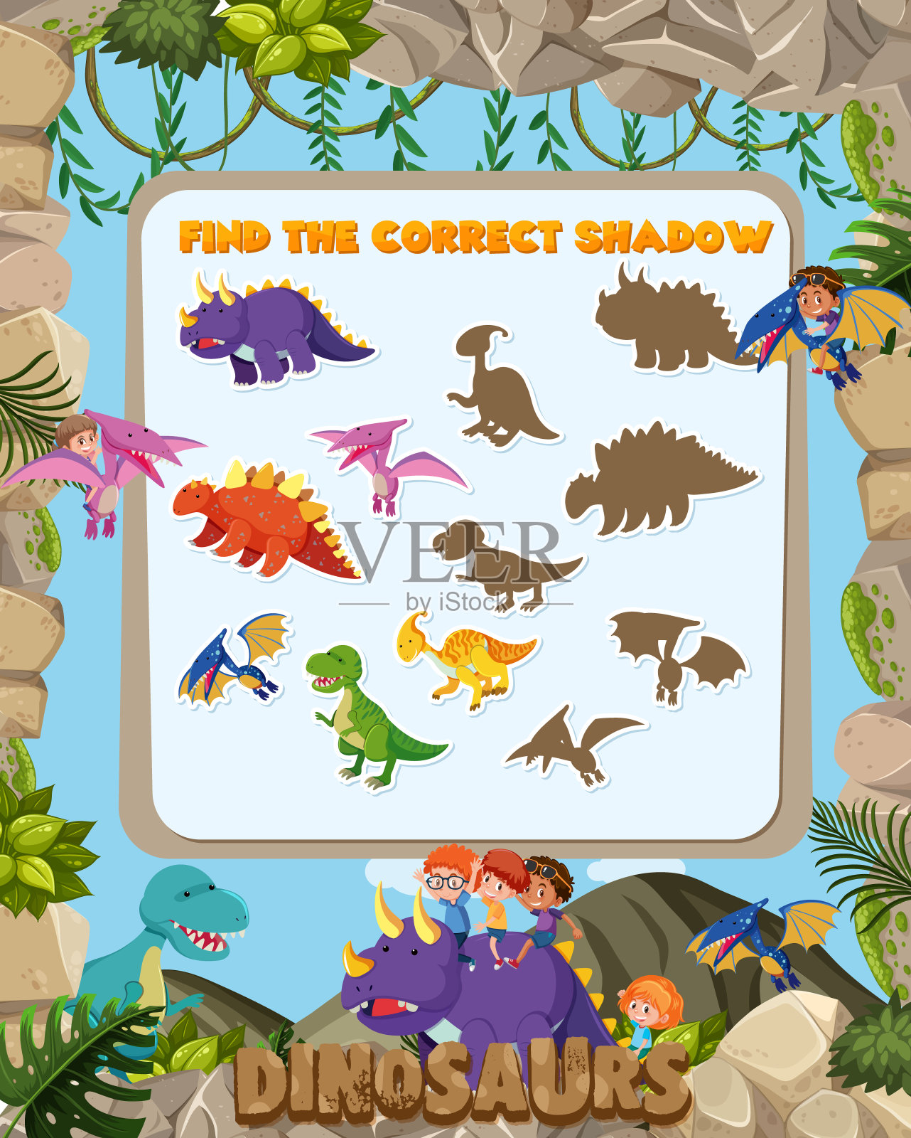 找到正确的恐龙影子游戏模板插画图片素材