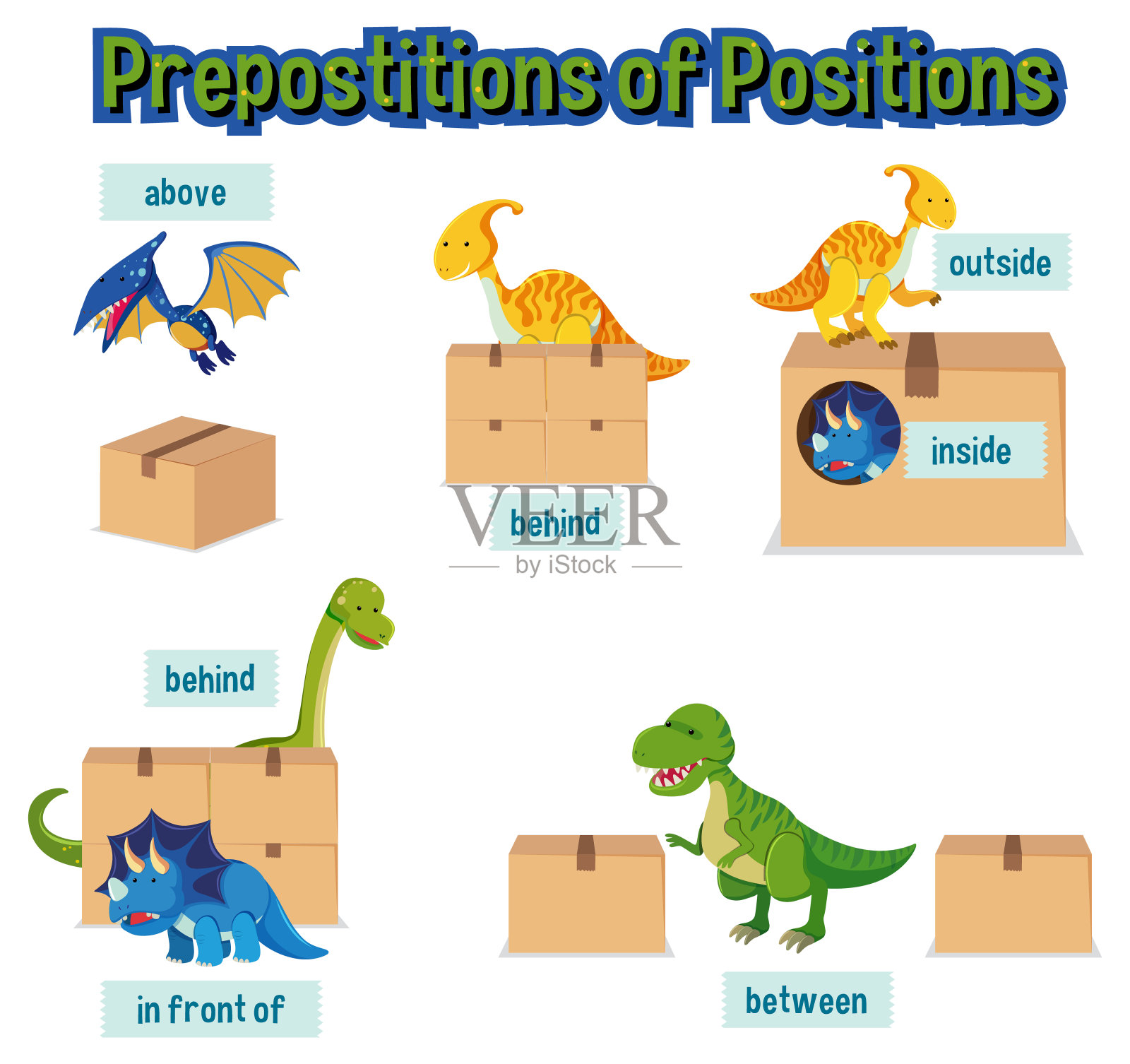 介词单词与恐龙和盒子插画图片素材