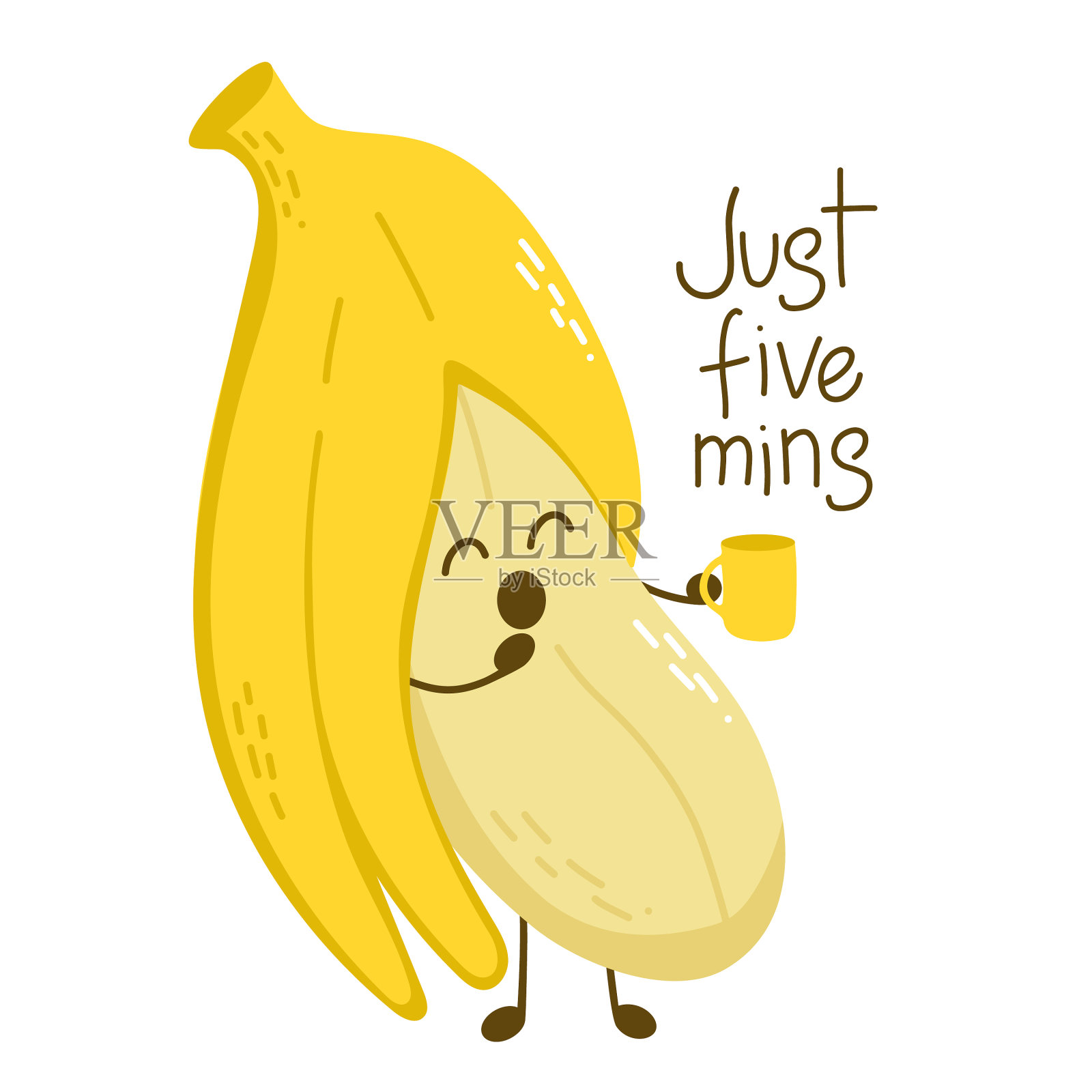 昏昏欲睡的香蕉角色一边喝咖啡一边打哈欠插画图片素材