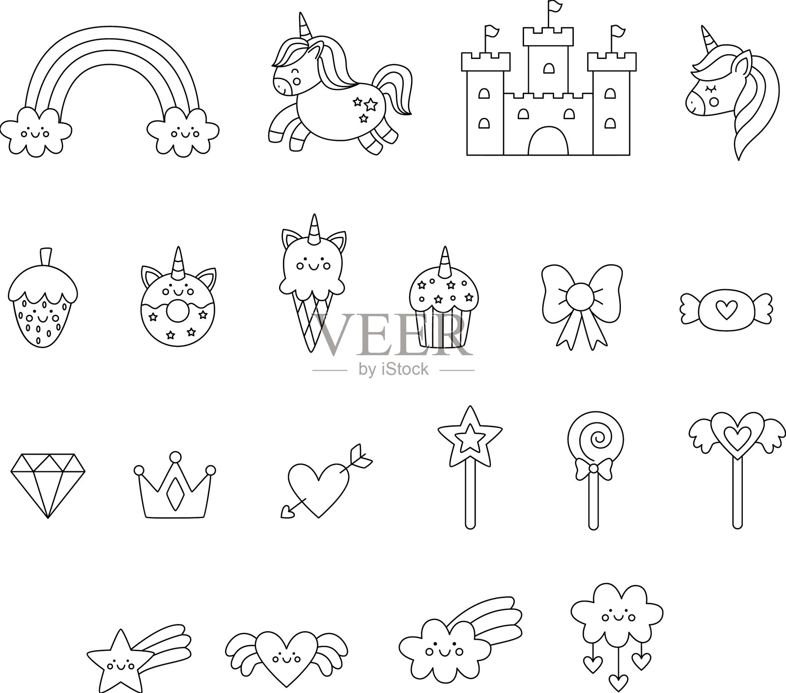 黑白独角兽元素集合插画图片素材