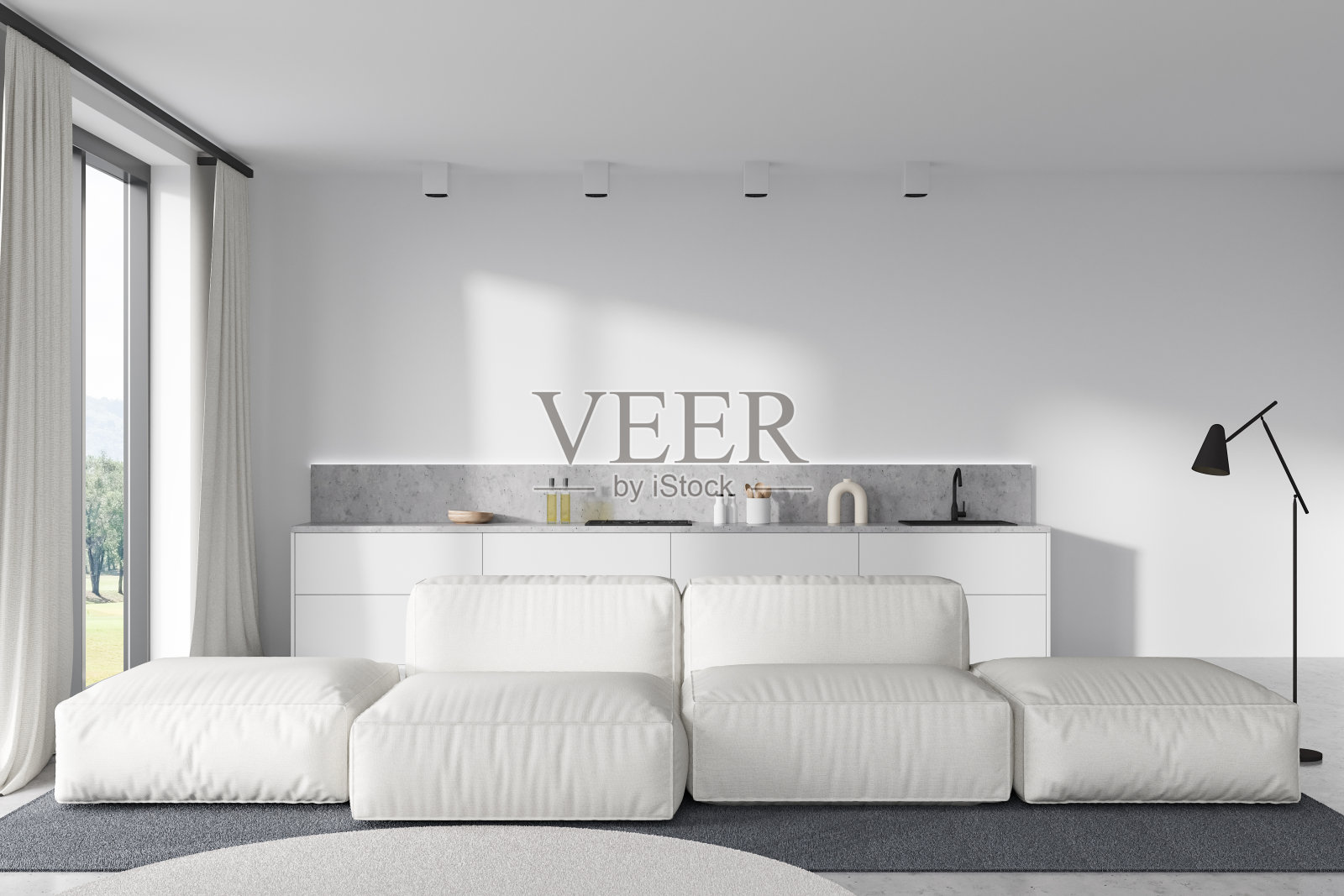 厨房内部，甲板上有沙发和厨具，全景窗照片摄影图片