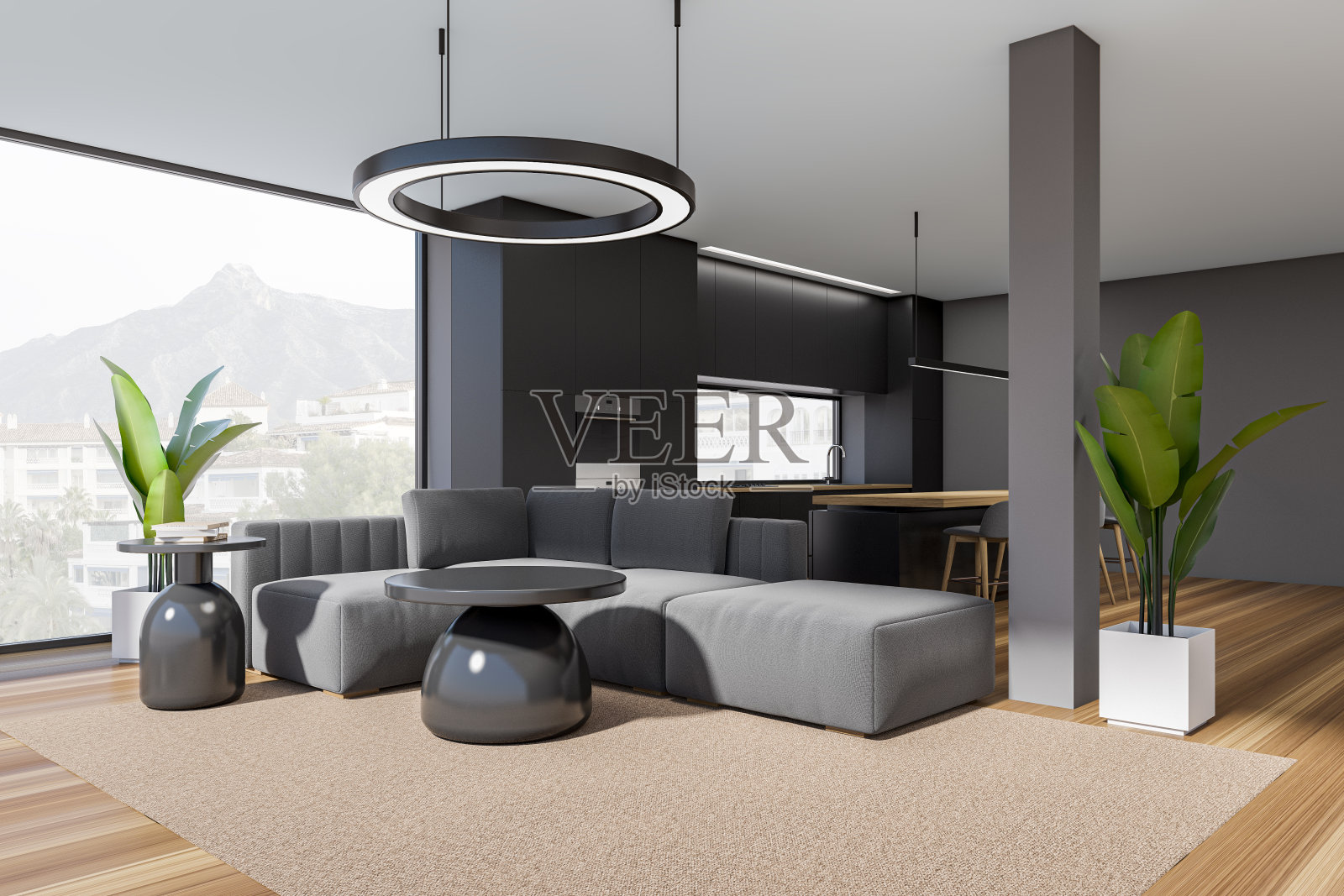 黑暗的工作室内部的角落视图，带有带吧台的岛屿照片摄影图片