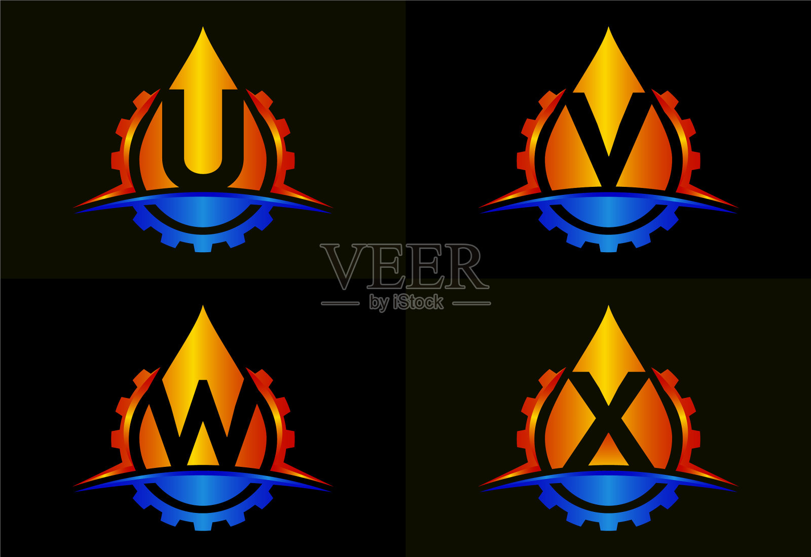 最初的u v w x字母与齿轮字母表图标素材