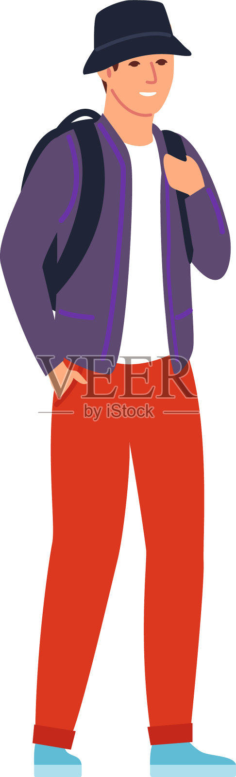 微笑的男人戴着帽子站在背包快乐设计元素图片