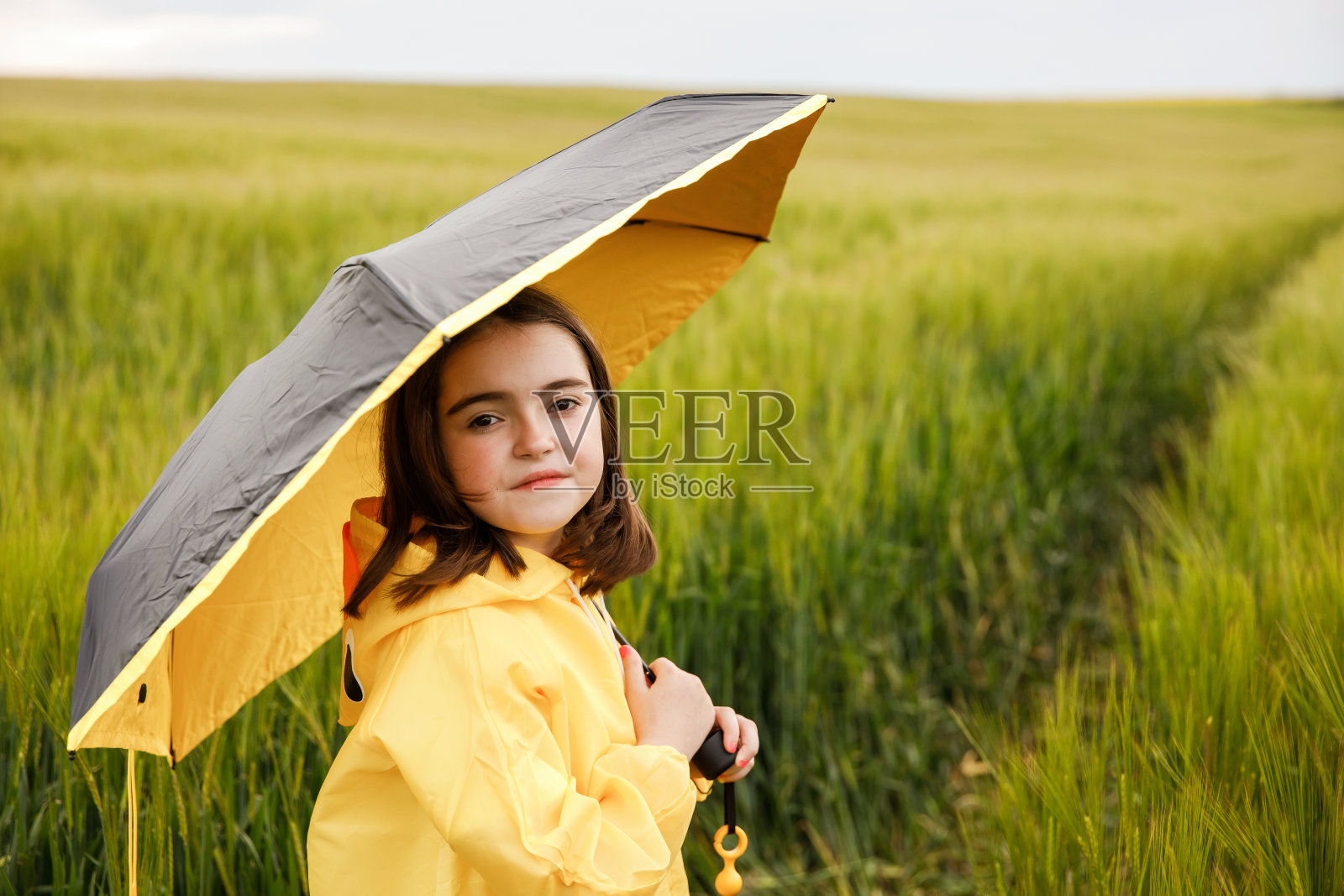 漂亮的黑发女孩站在田野里，手里拿着一把伞照片摄影图片
