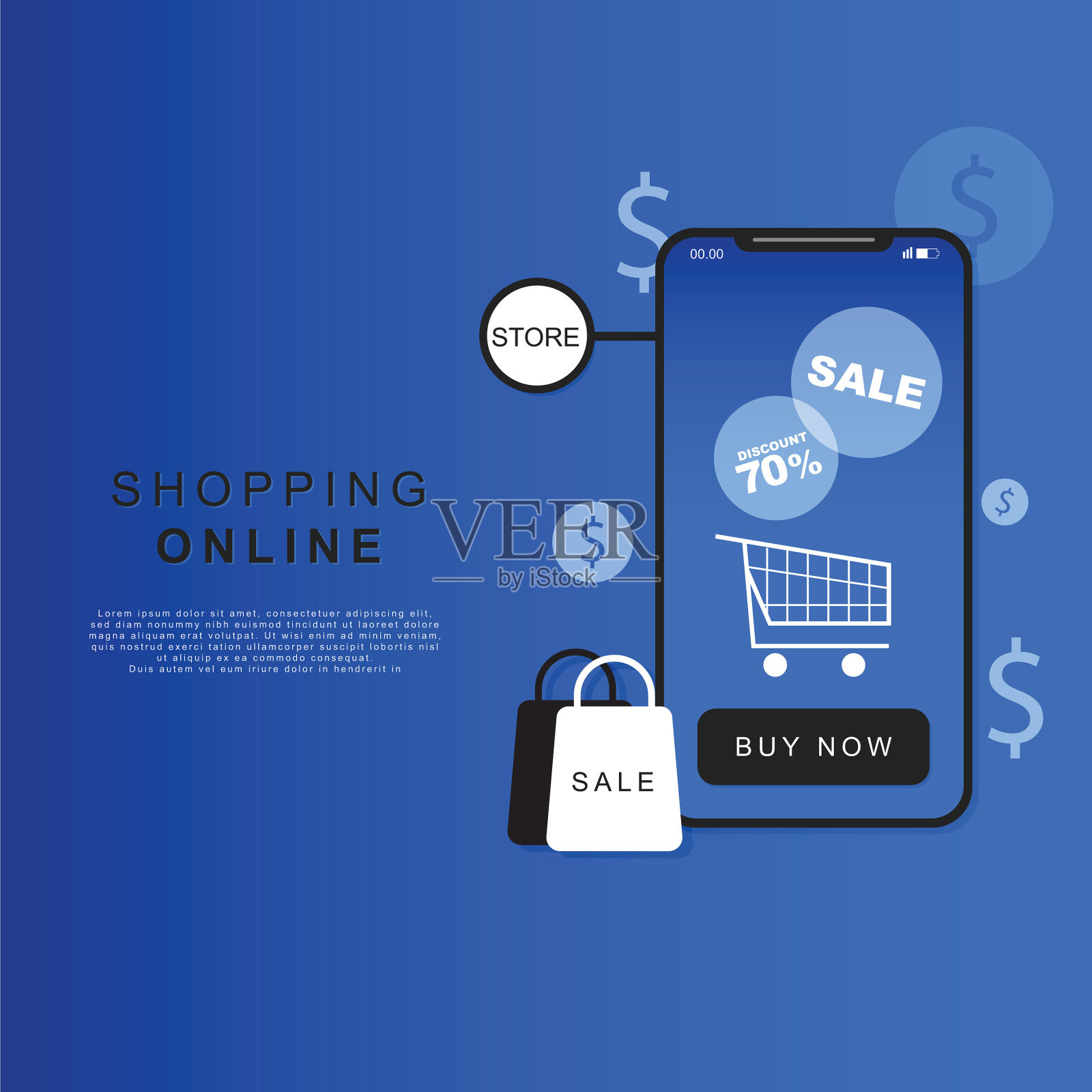 布局网上购物的购物应用程序与智能手机的购物袋或购物车，插画图片素材