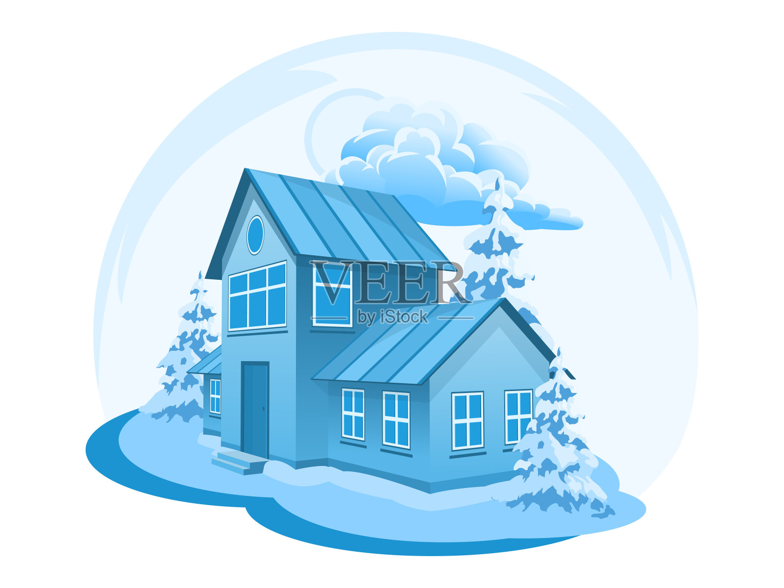 冬天的风景。树木环绕的房子设计元素图片