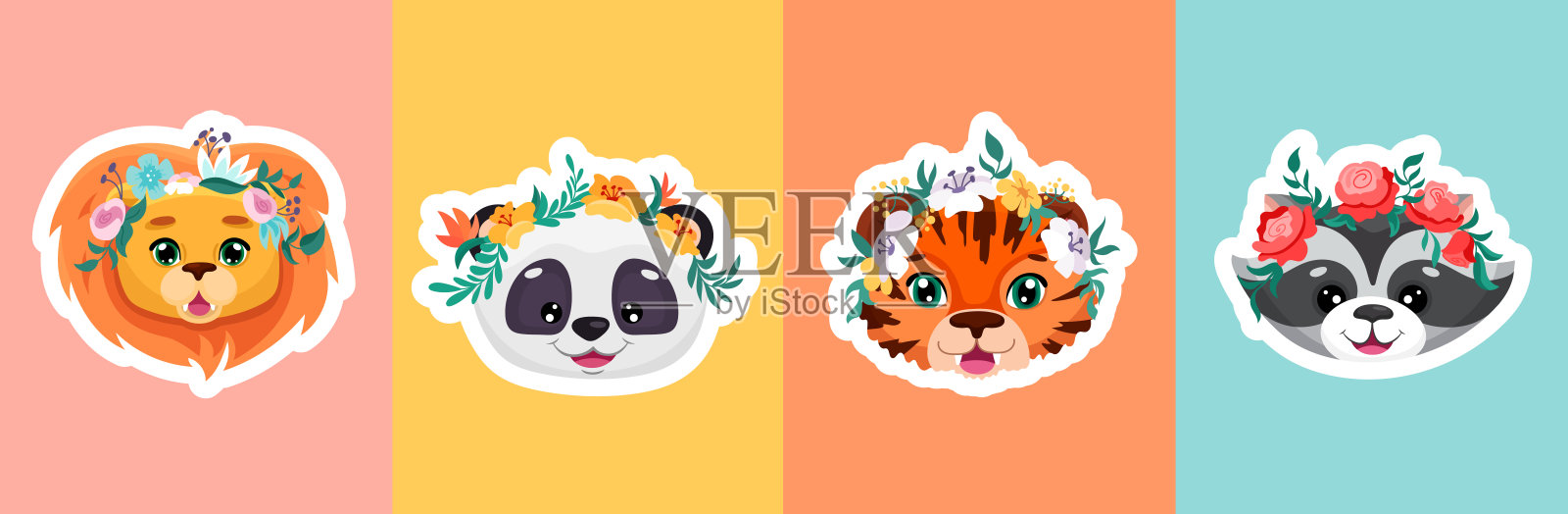 可爱的动物与花冠海报设置婴儿淋浴邀请，模板，生日贺卡，托儿所传单设计。矢量卡通插图的儿童插画图片素材