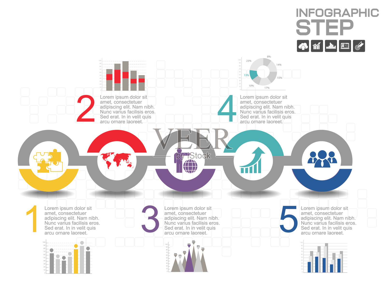 业务数据流程图。说明步骤、选项、部件或过程。表示的业务模板。抽象图形元素，创新信息图形概念。插画图片素材