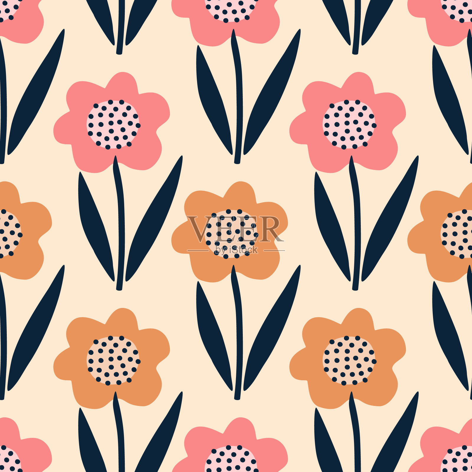 彩色花朵手绘矢量插图。夏季花卉无缝图案墙纸或家居装饰。插画图片素材